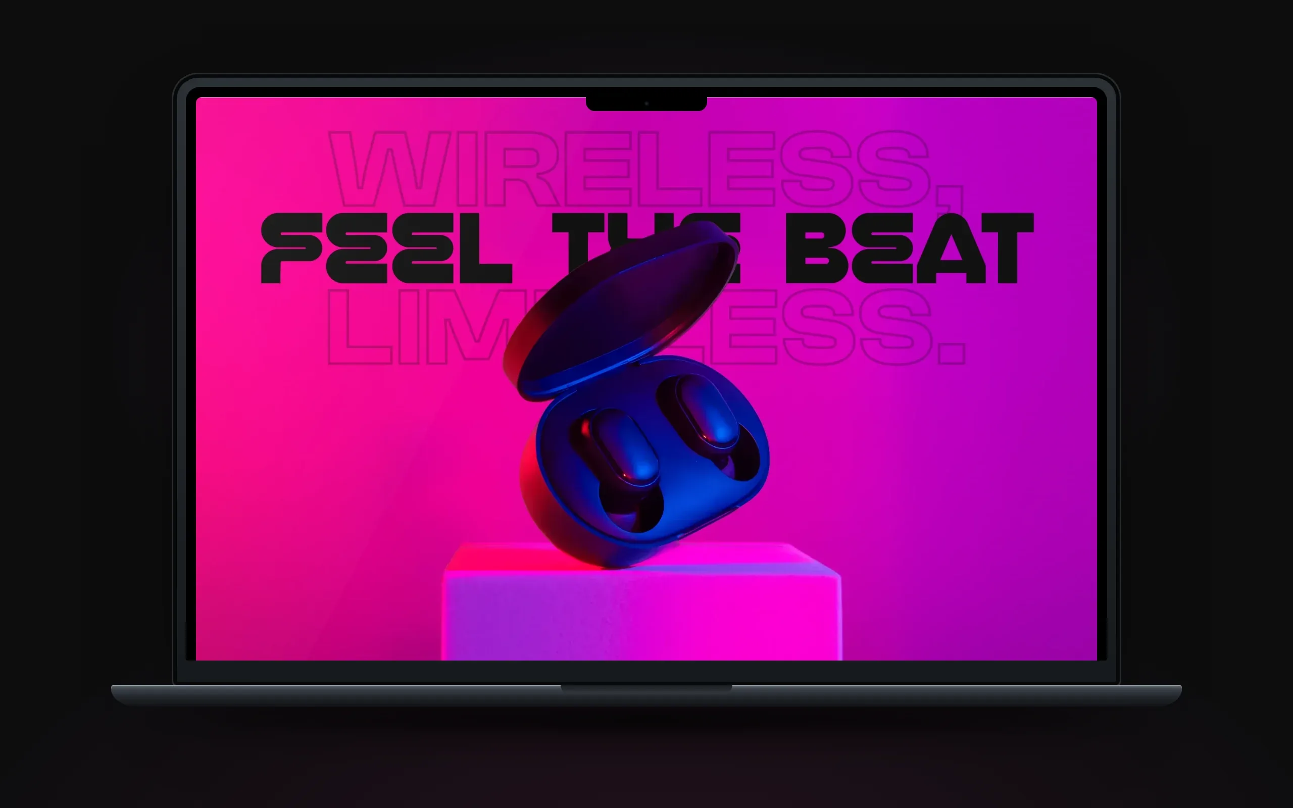 Beatzy hero: Feel the Beat over outlined Wireless, Limitless, with earbuds on a pink plinth