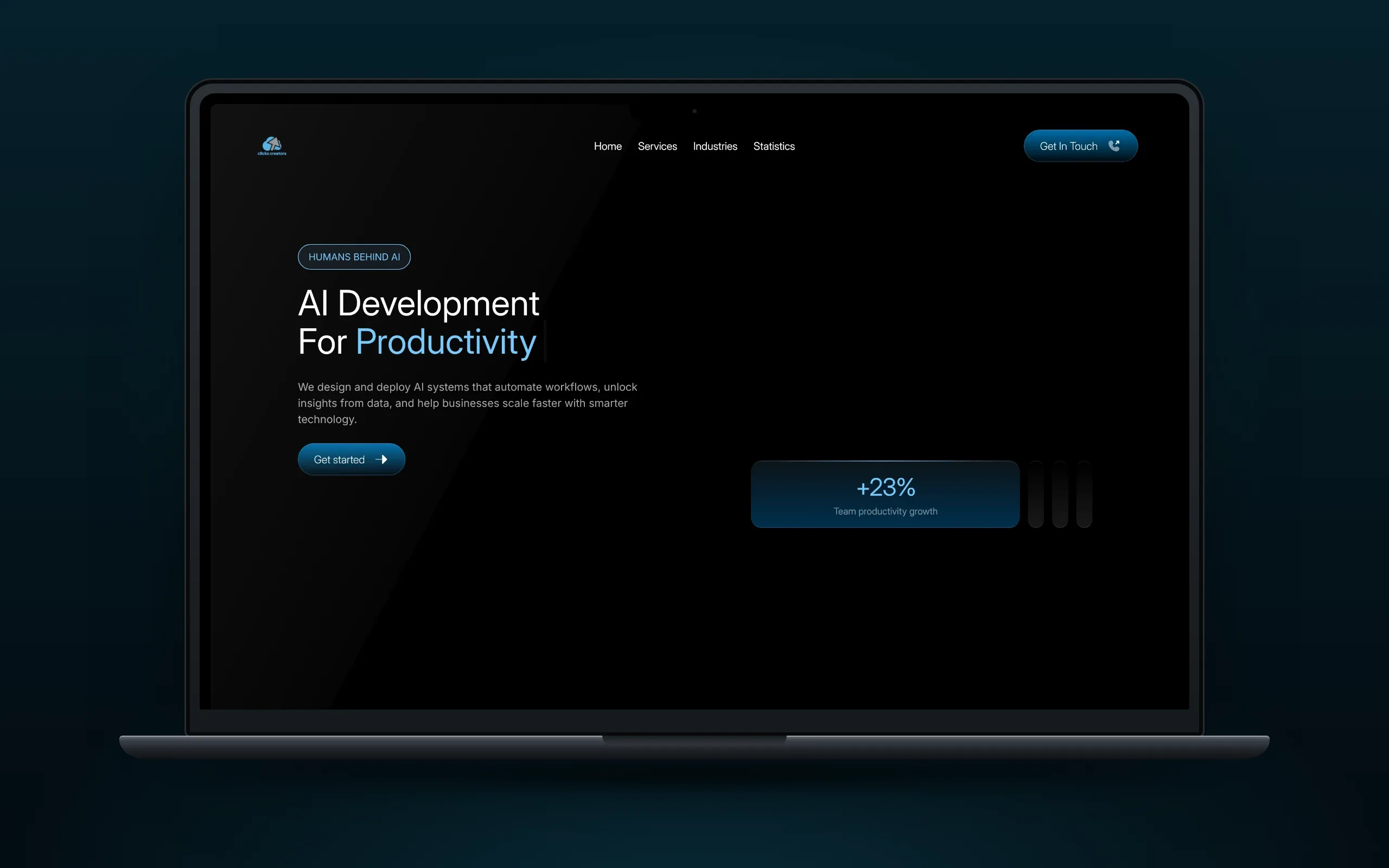 Laptop showing the Clicks Creators hero: Humans behind AI, AI Development For Productivity, a Get started button and a +23% team productivity growth chip