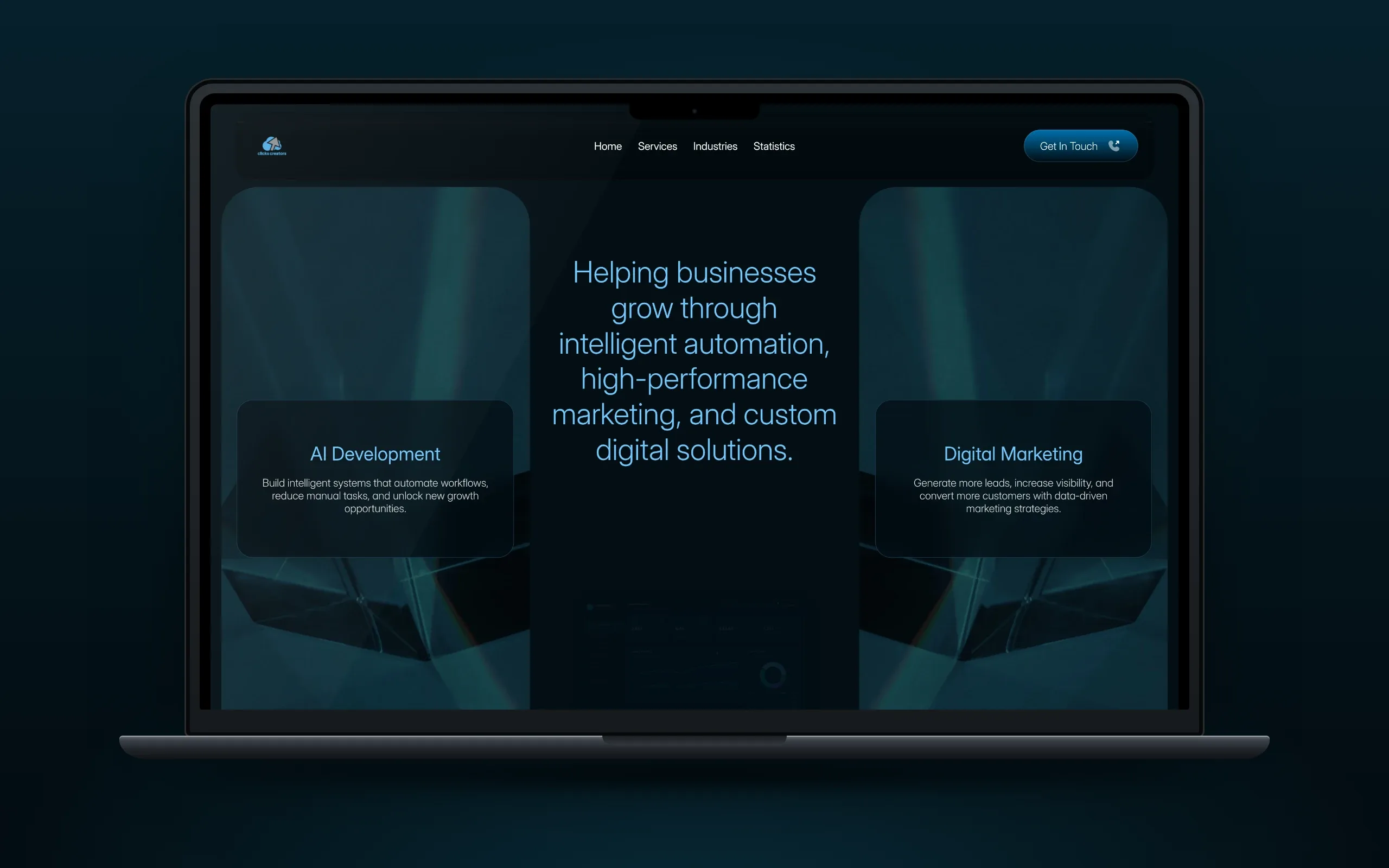 Laptop showing AI Development and Digital Marketing cards either side of the line: Helping businesses grow through intelligent automation, high-performance marketing, and custom digital solutions