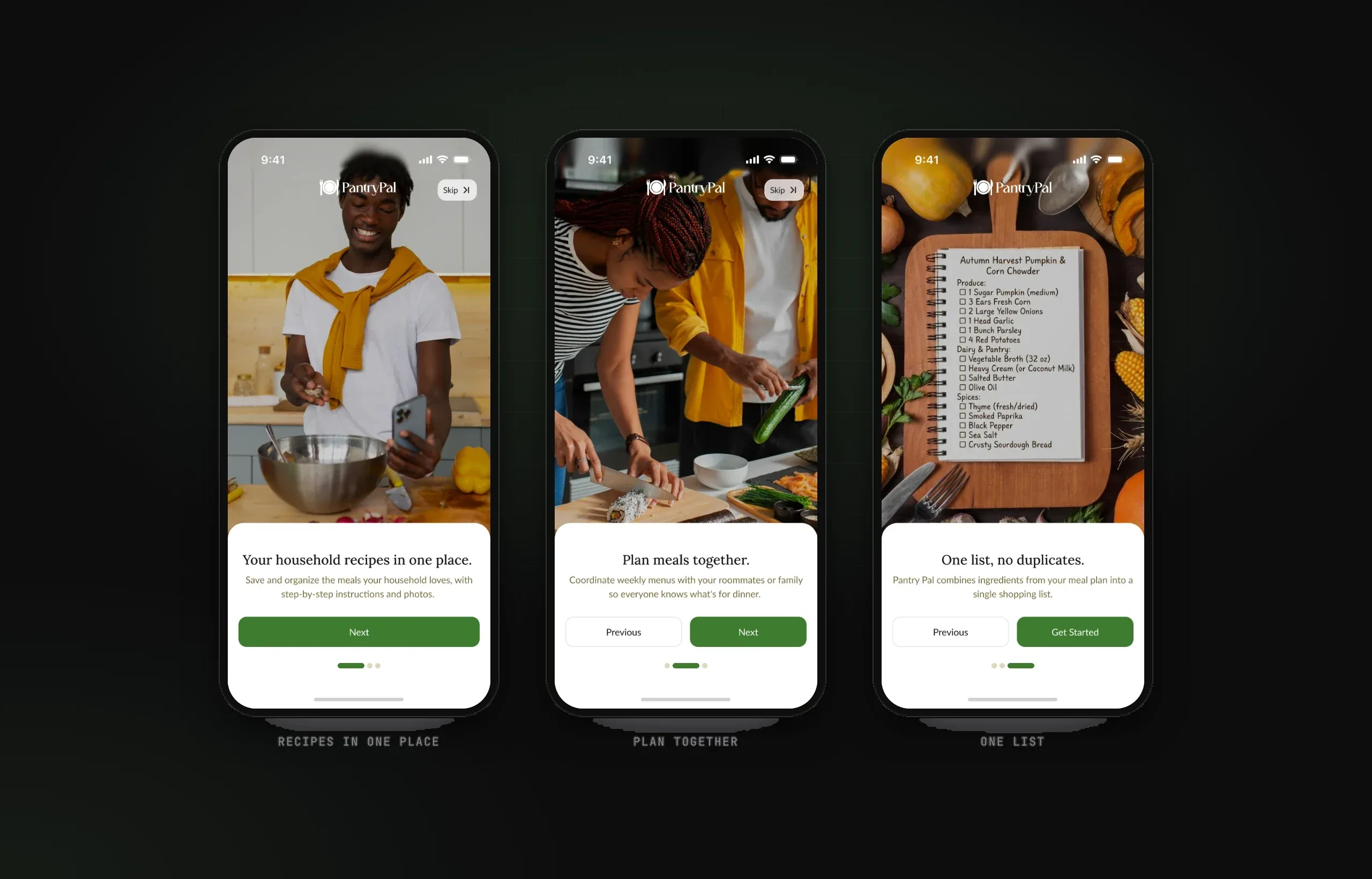 PantryPal onboarding: household recipes, plan together, one list