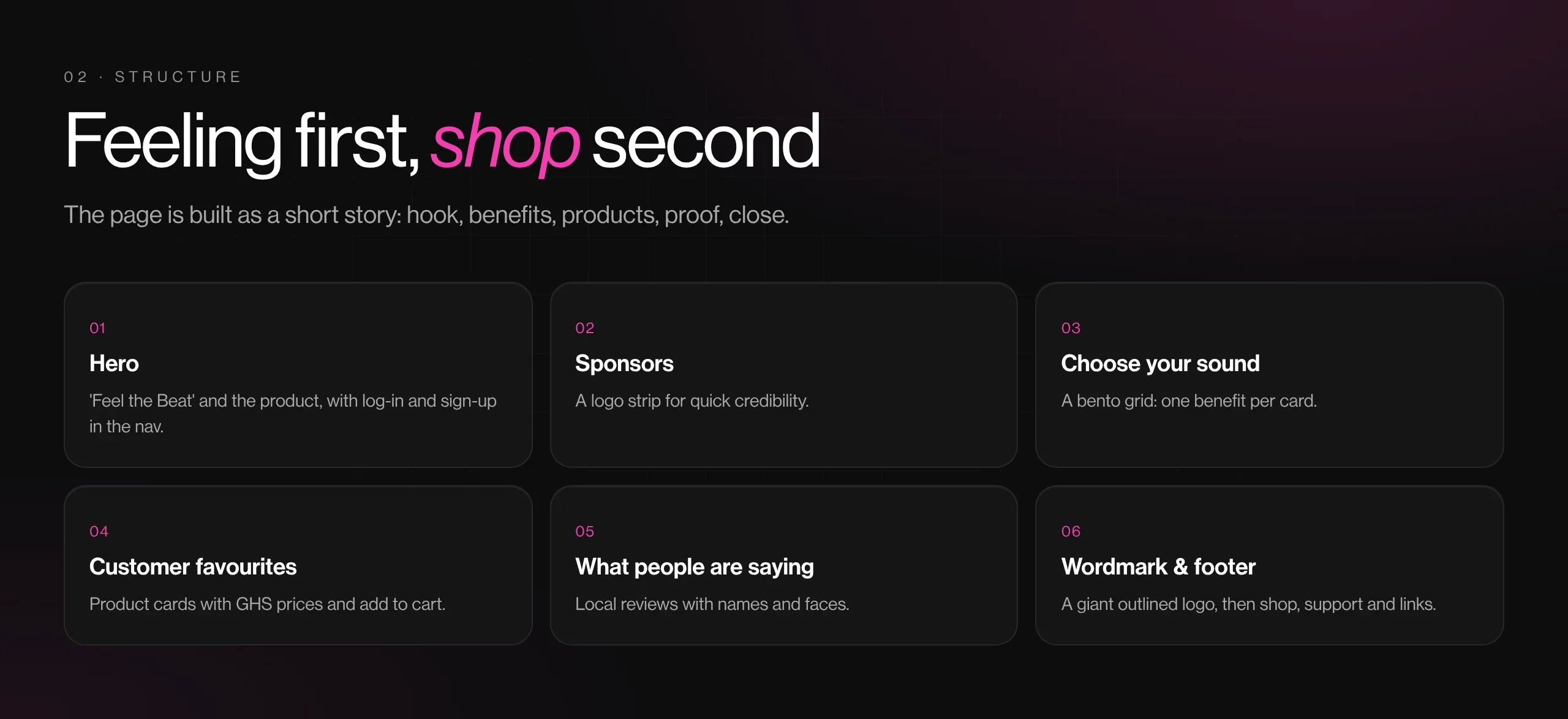 Beatzy page structure in seven sections, from hero to footer