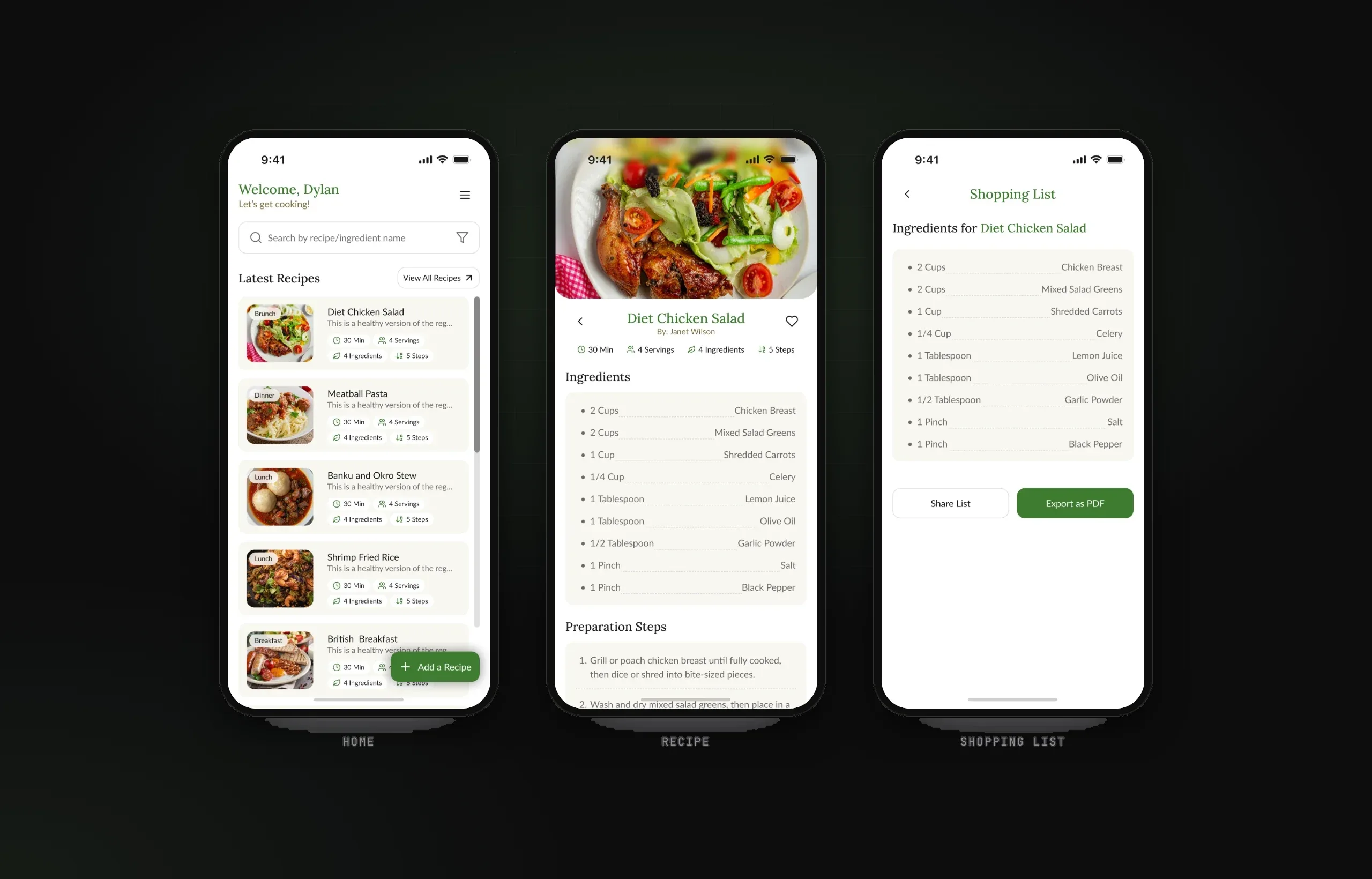 Home with latest recipes, recipe page and shopping list