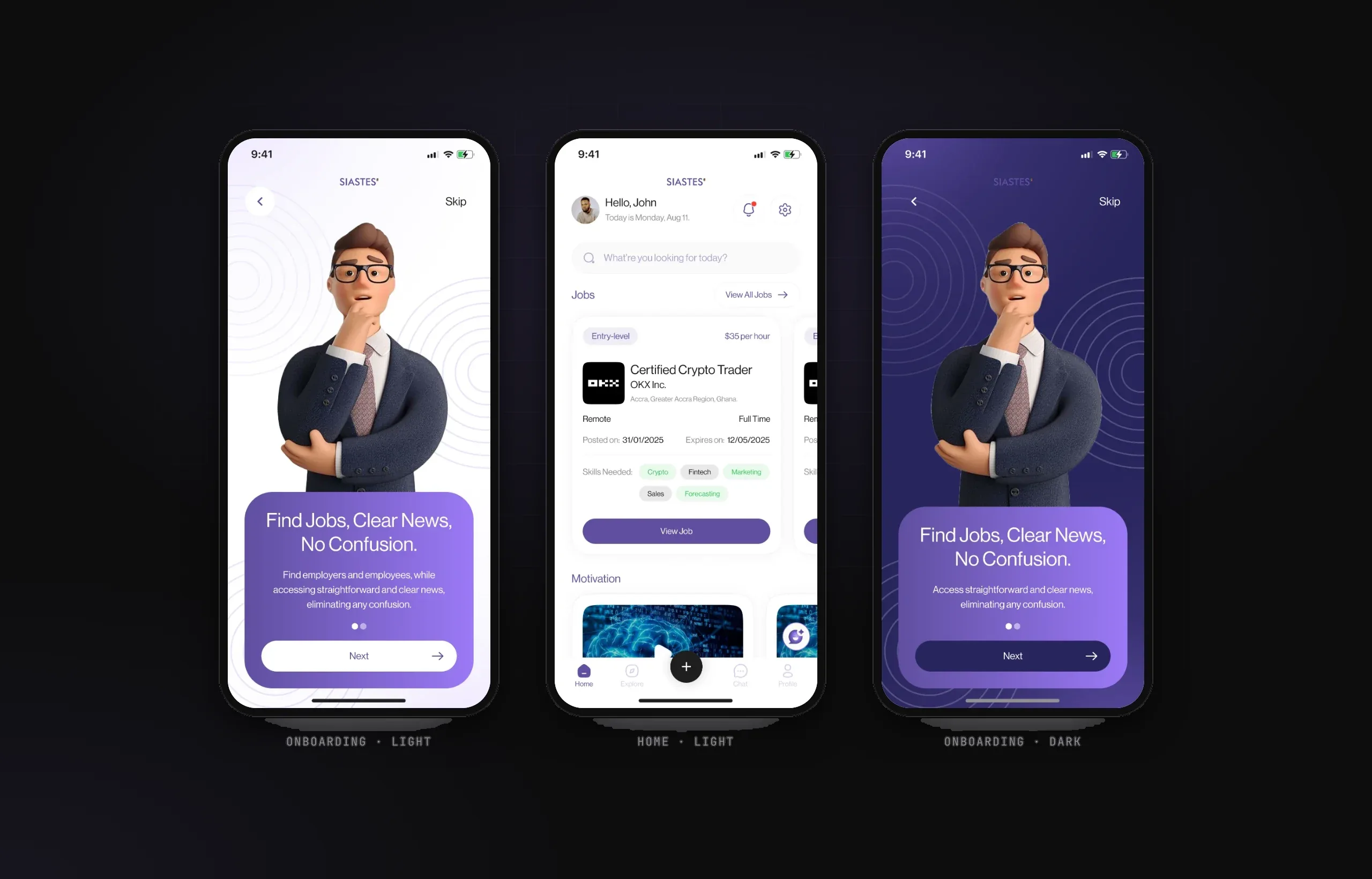 Siastes onboarding in light and dark themes, and the home feed