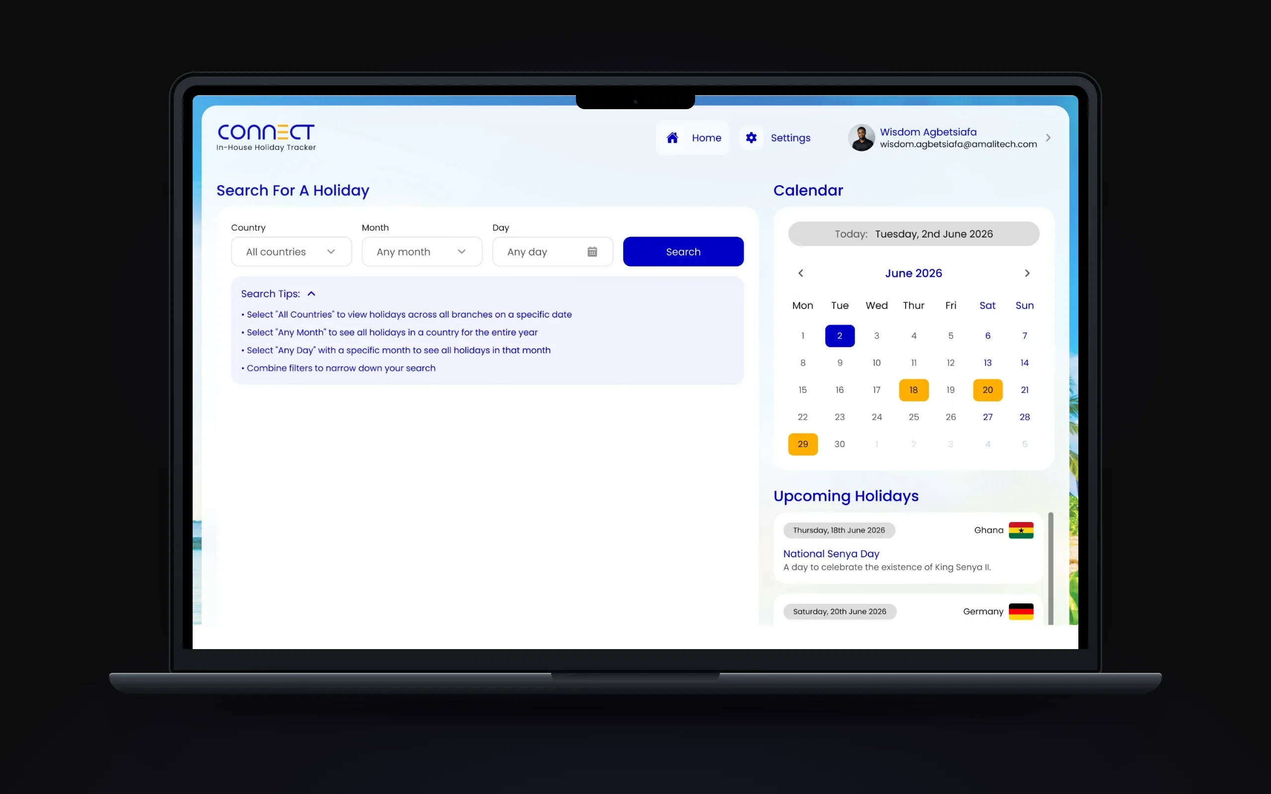 Connect web home with search, tips, calendar and upcoming holidays