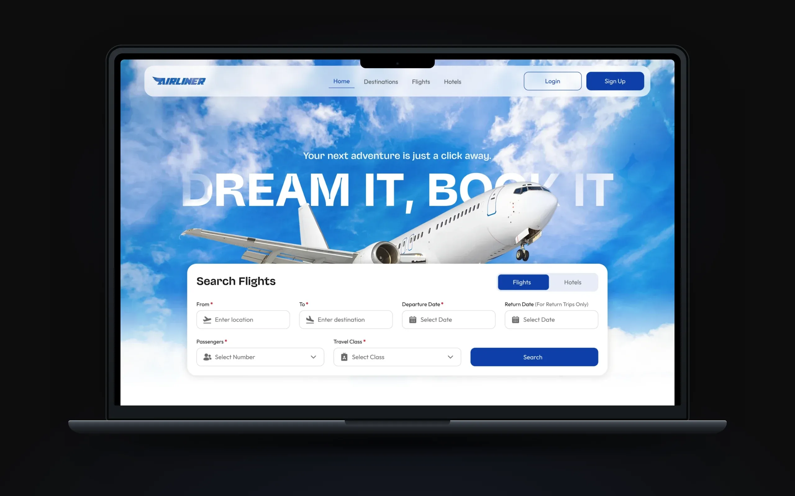 Airliner home page with Dream it, Book it hero and flight search tabs