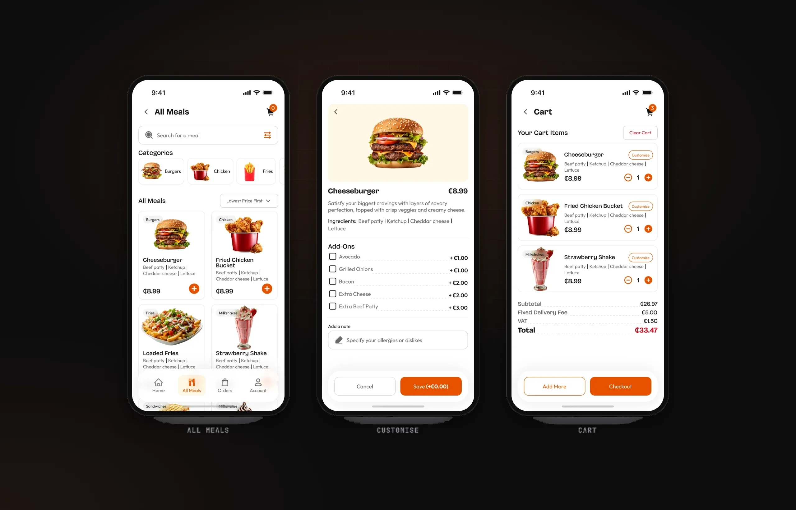 All meals by category, customise meal with priced add-ons, and cart with cost breakdown