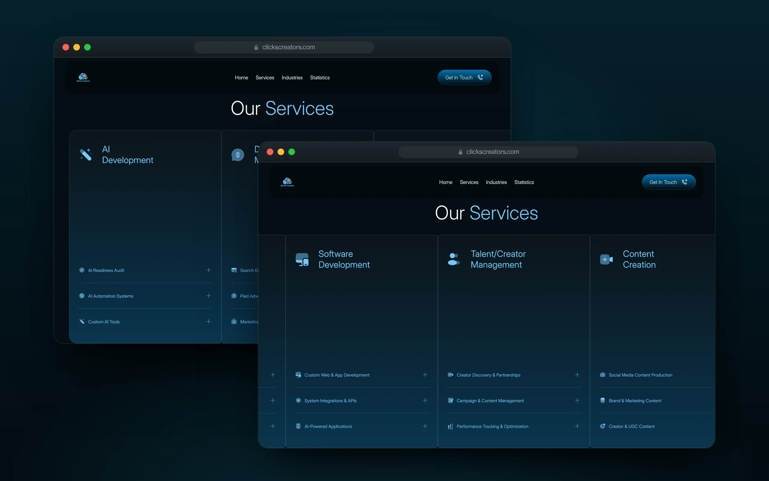 Two browser windows of the Our Services row: AI Development, Digital Marketing and Software Development, then Software Development, Talent/Creator Management and Content Creation, each listing three services