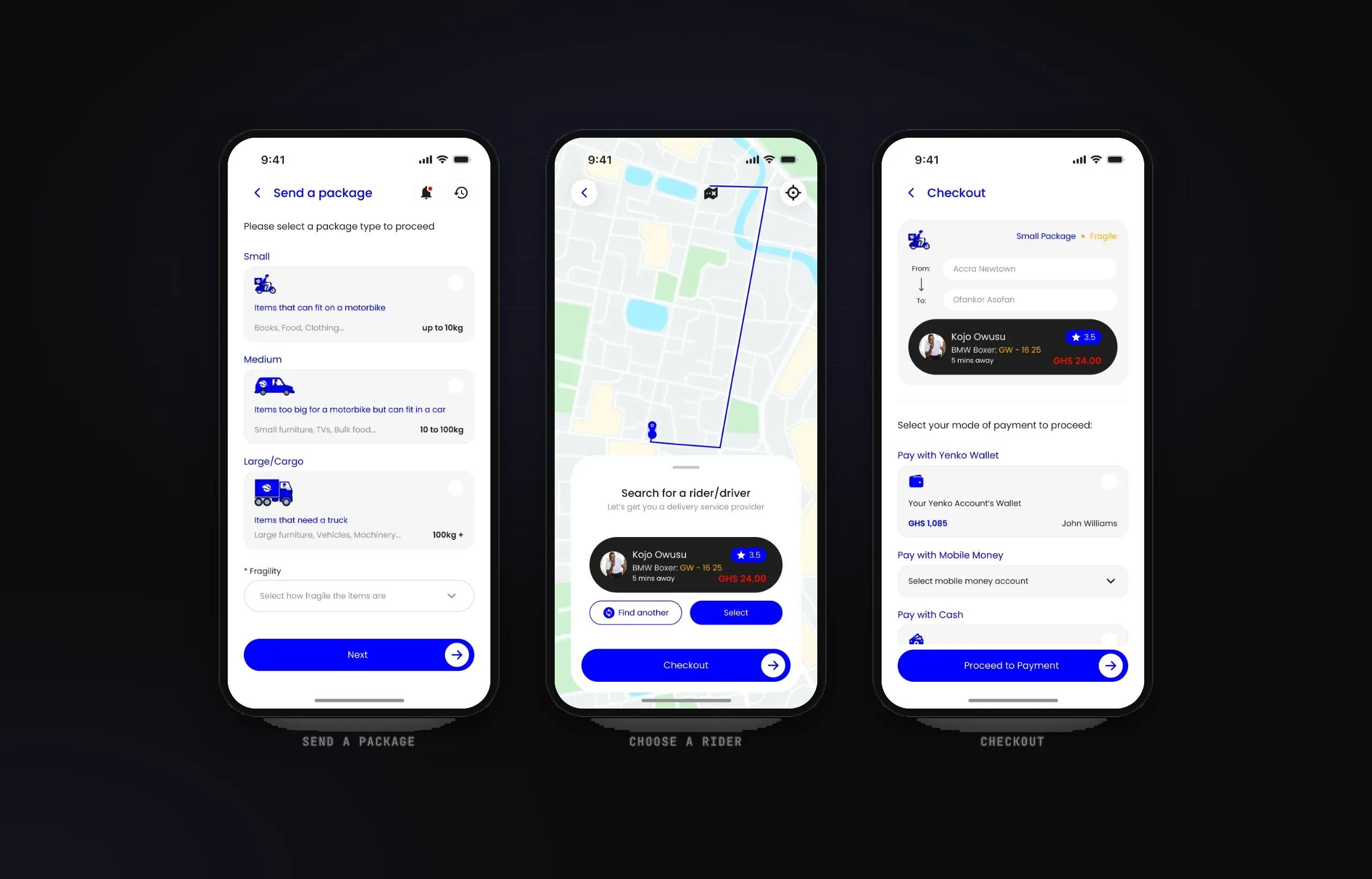 Three phone screens: send a package with size options, choosing a rider on a map, and checkout