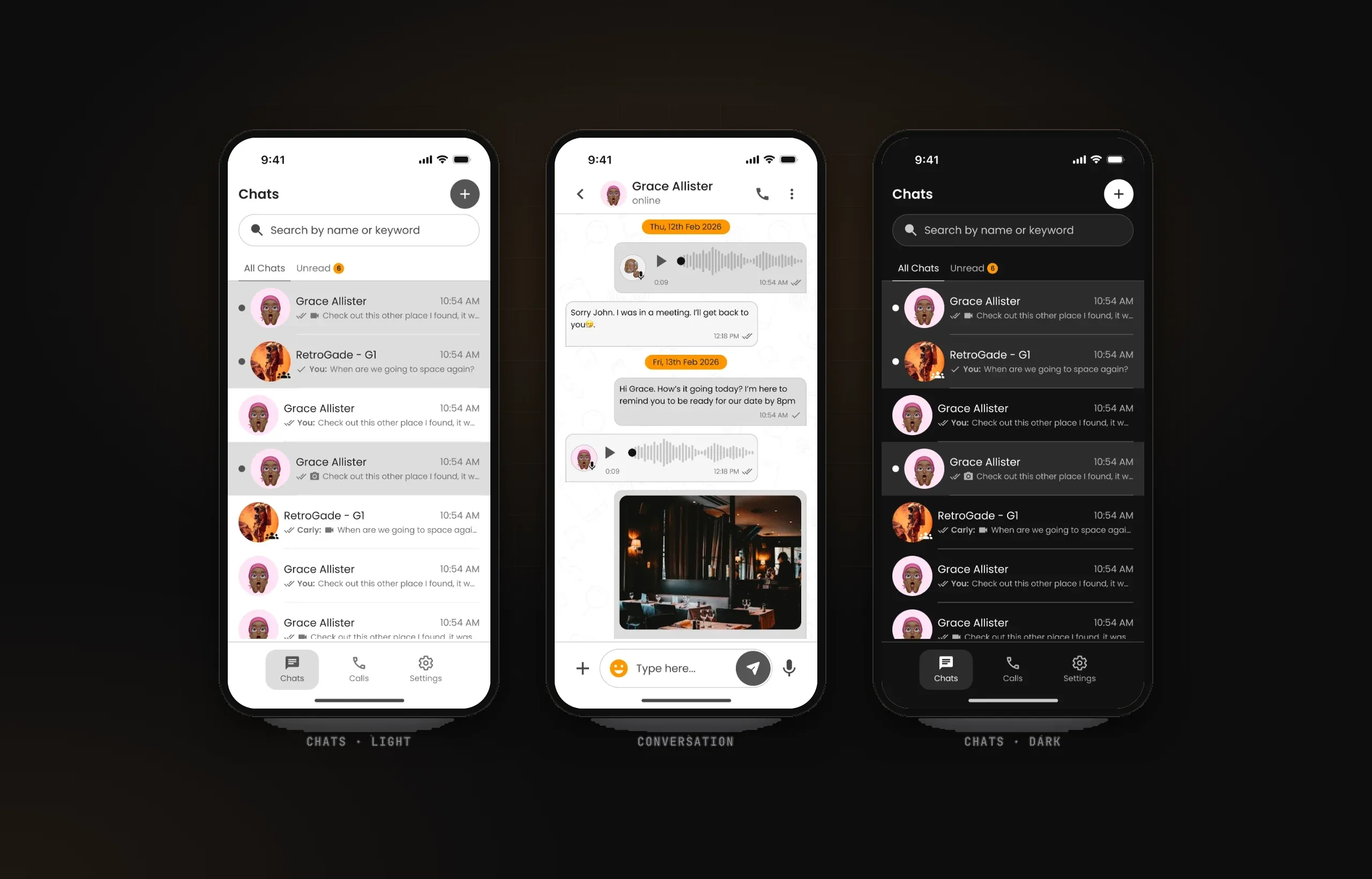 Chats list in light and dark with All and Unread tabs, and a conversation