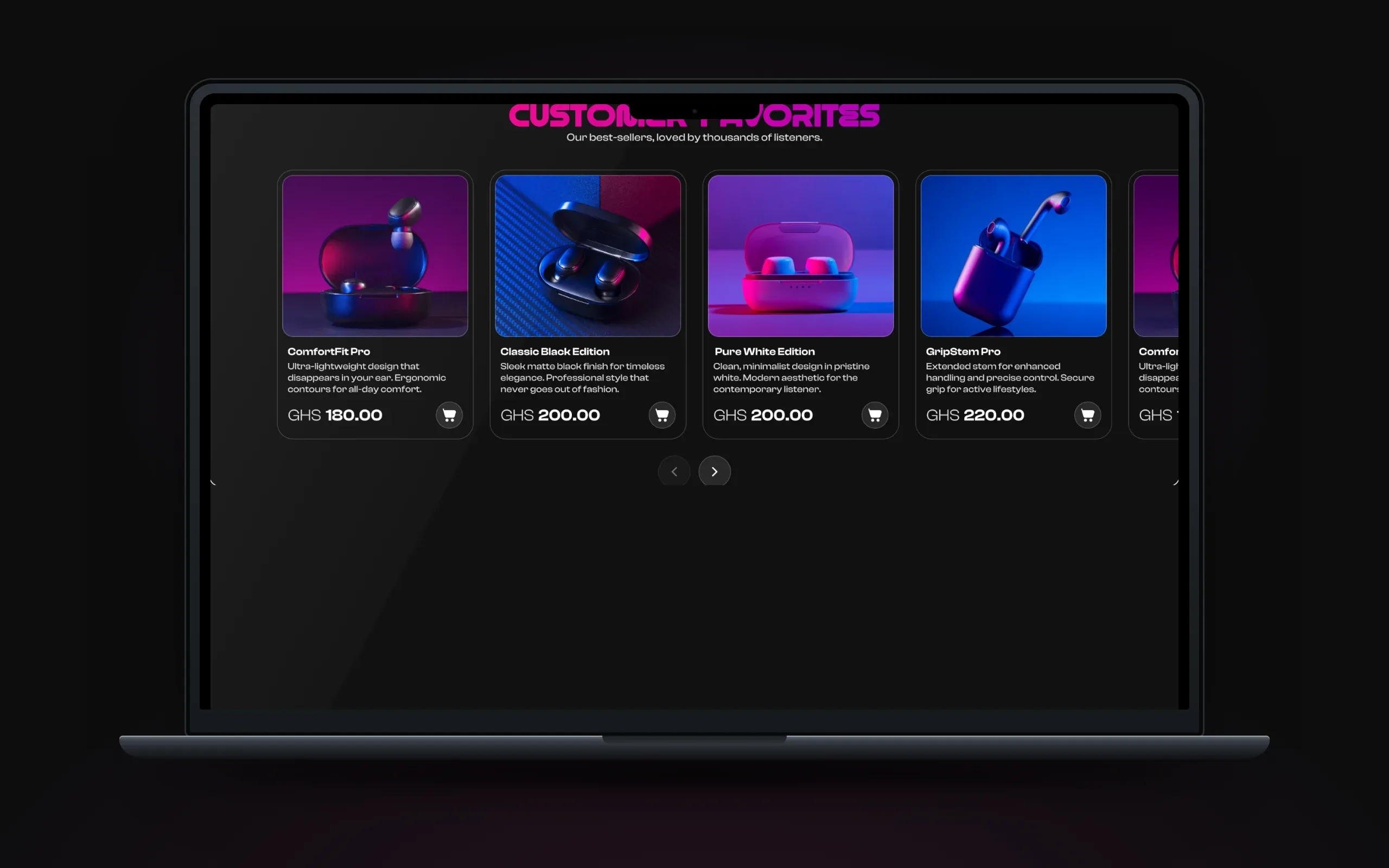 Customer favourites carousel with four earbud models priced in GHS