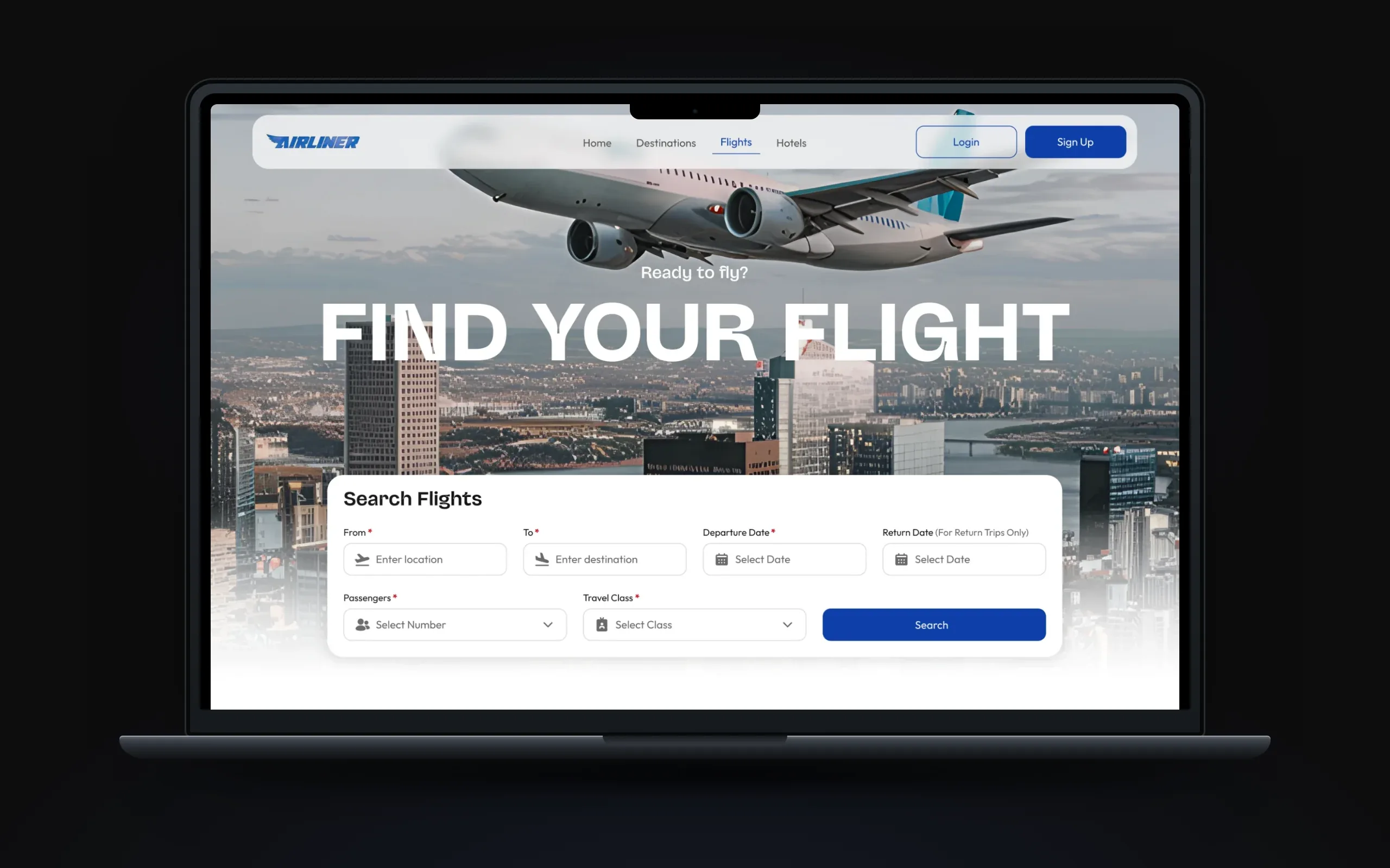 Flight search results with filters for price, stops and airlines