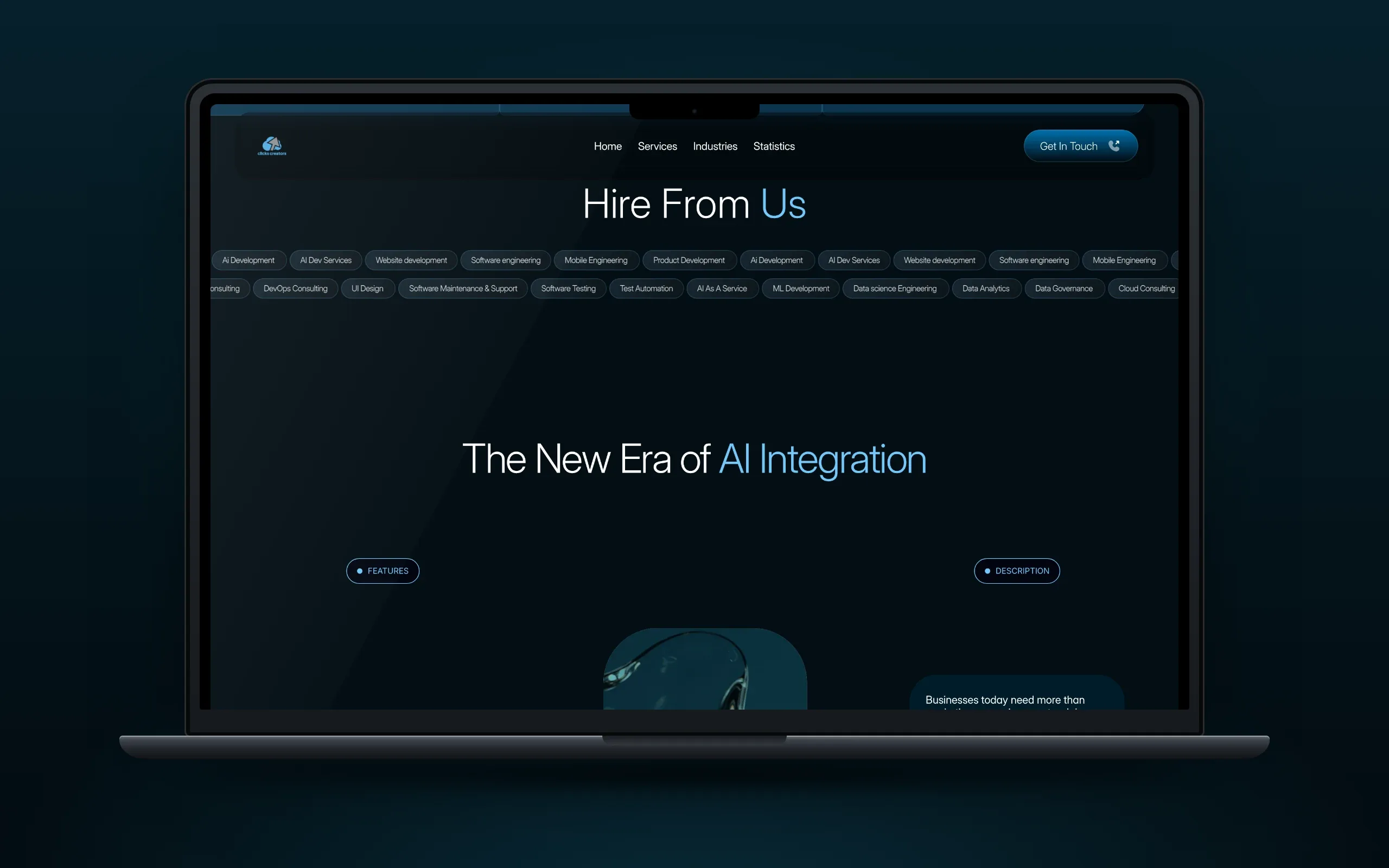 Laptop showing Hire From Us with two rows of role tags, above the heading The New Era of AI Integration
