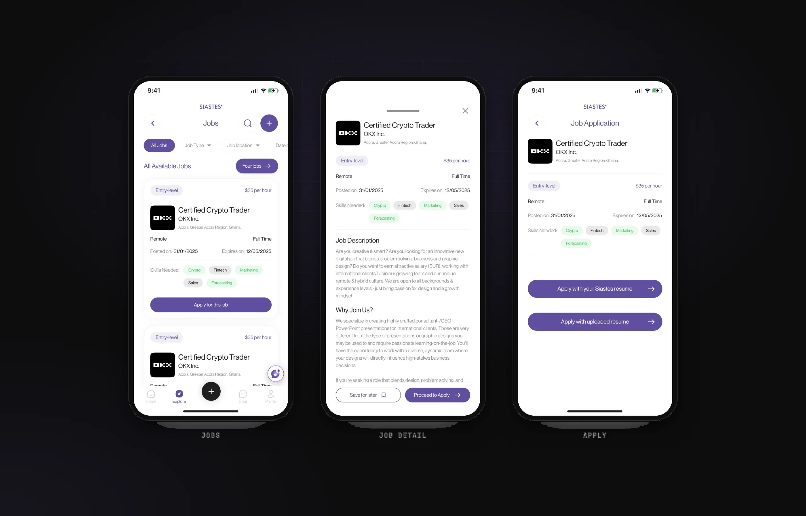 Jobs list with filters, job detail sheet and job application options