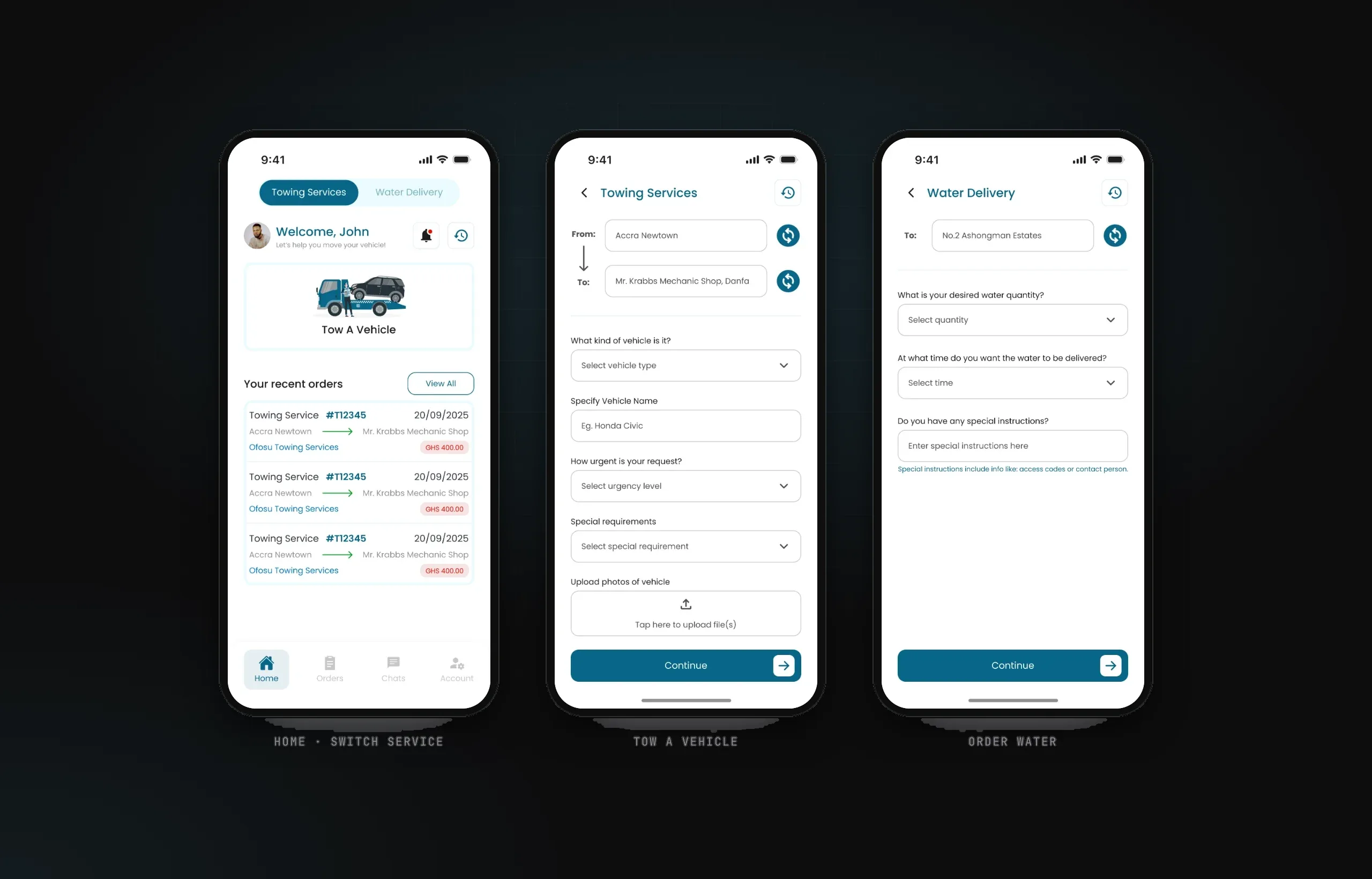 Protz home with the Towing and Water switch, the towing request form and the water request form