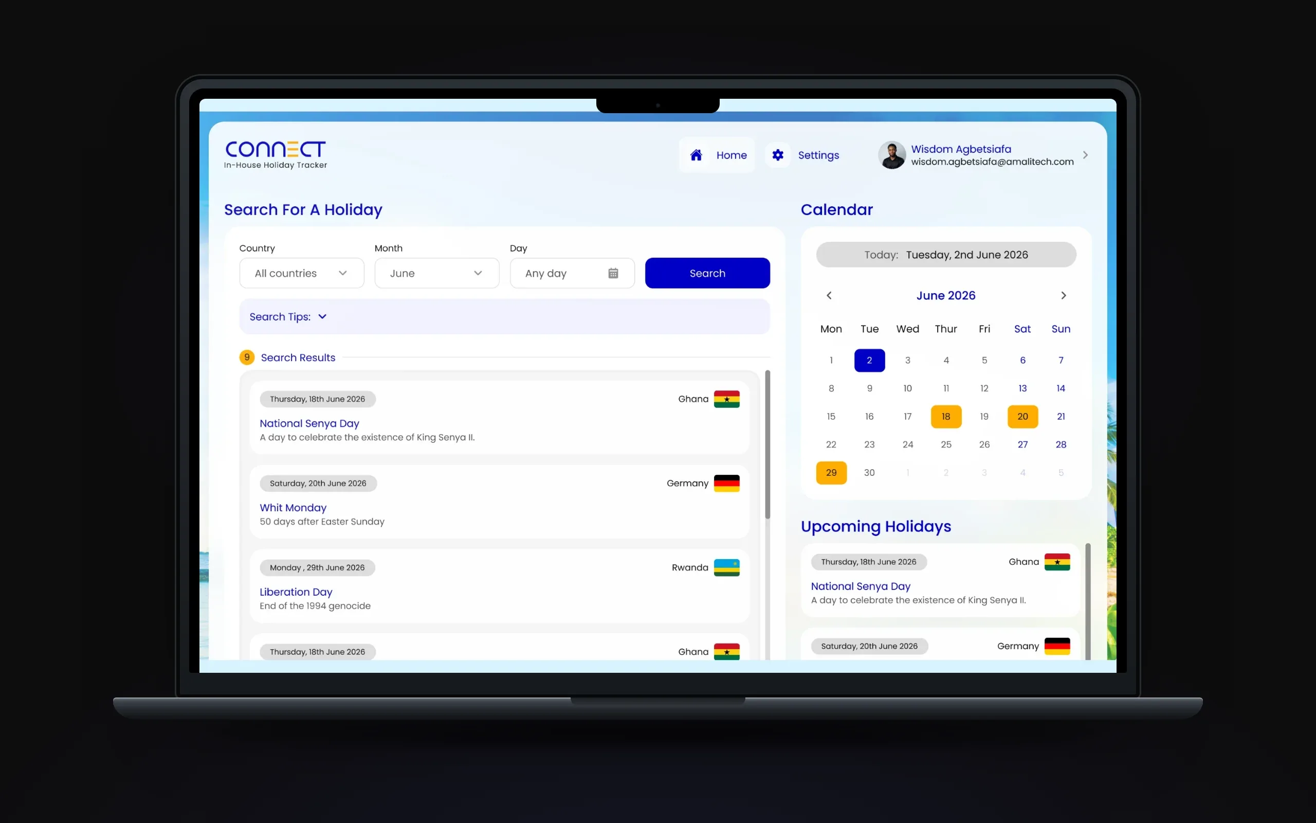 Search results listing holidays across three countries