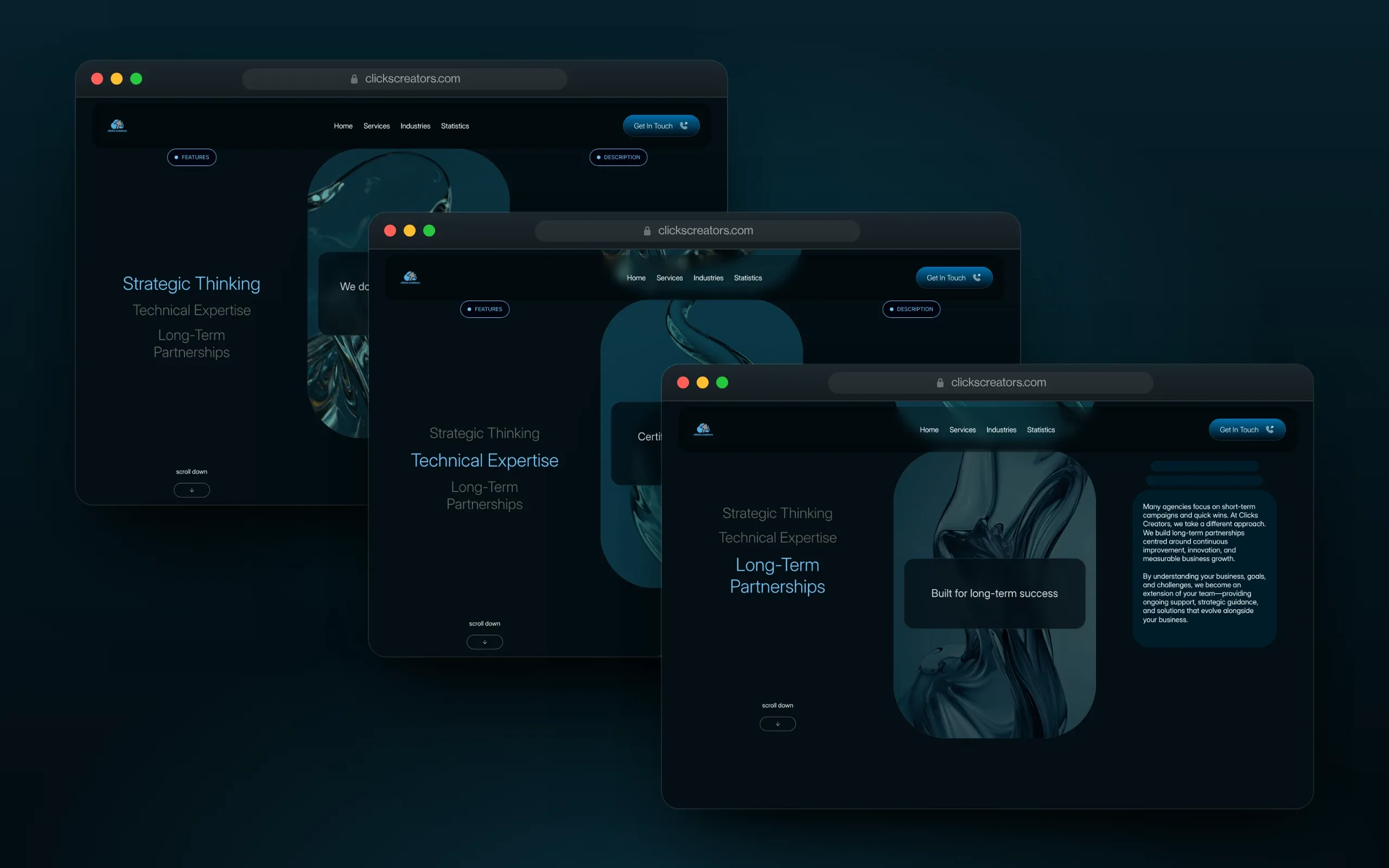 Three browser windows of The New Era of AI Integration, highlighting Strategic Thinking, Technical Expertise and Long-Term Partnerships in turn