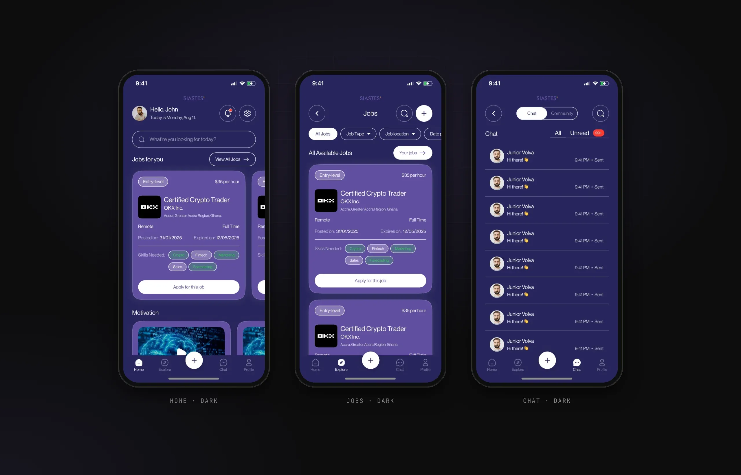 Home, jobs and chat screens in the dark theme