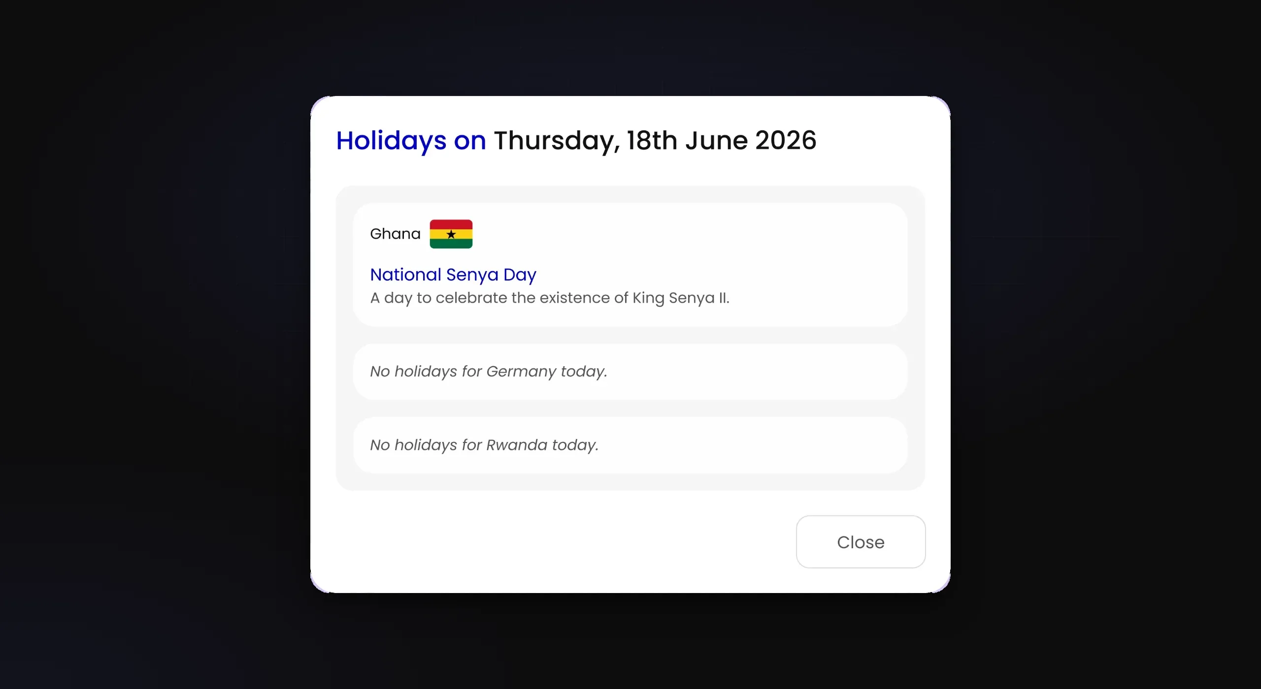 Pop-up listing holidays on 18 June 2026 for Ghana, Germany and Rwanda