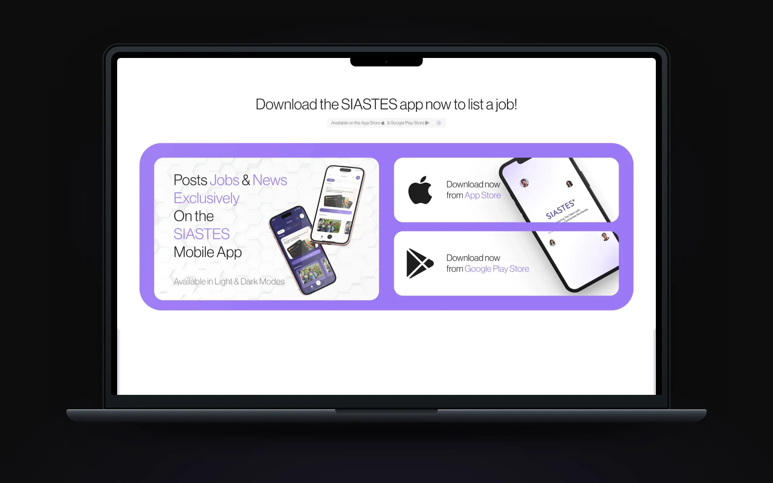 Laptop showing the download block: Posts Jobs and News Exclusively on the SIASTES Mobile App