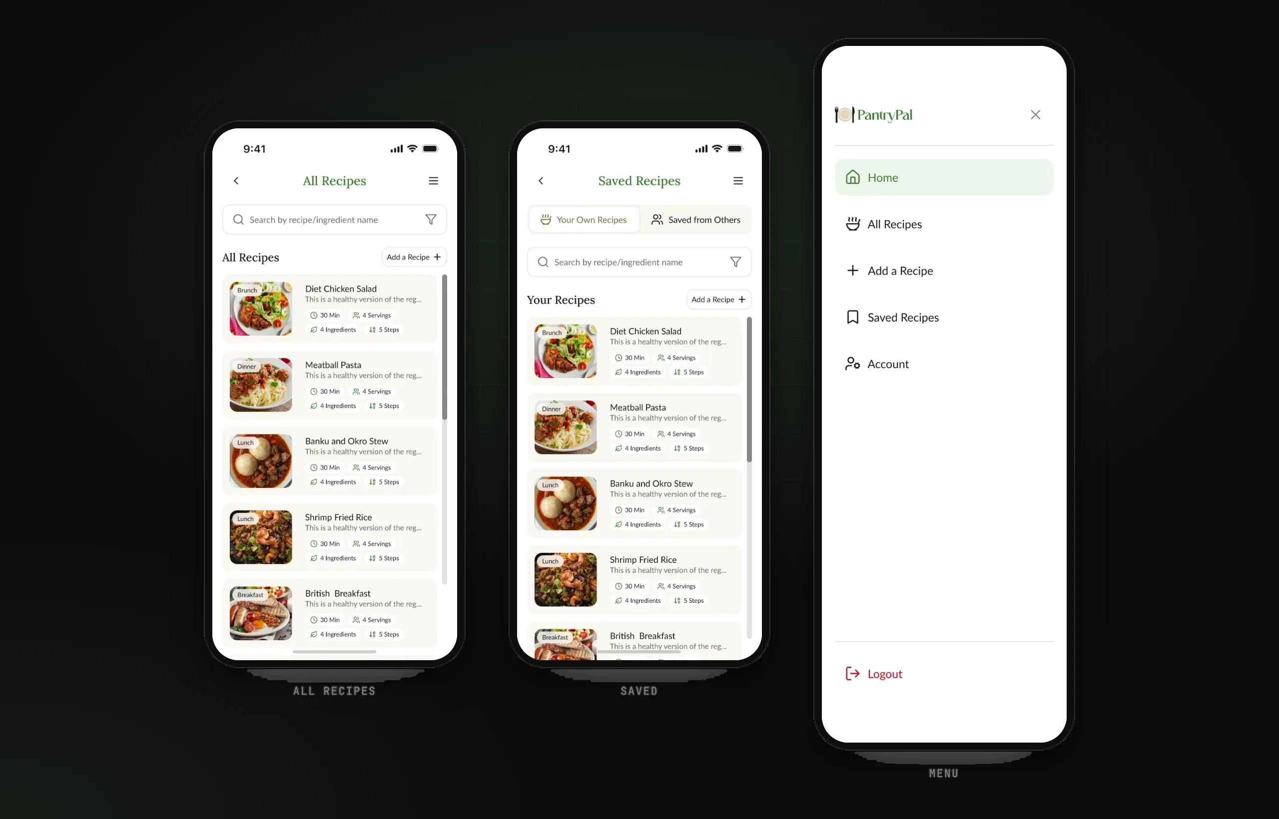 All recipes, saved recipes and the side drawer
