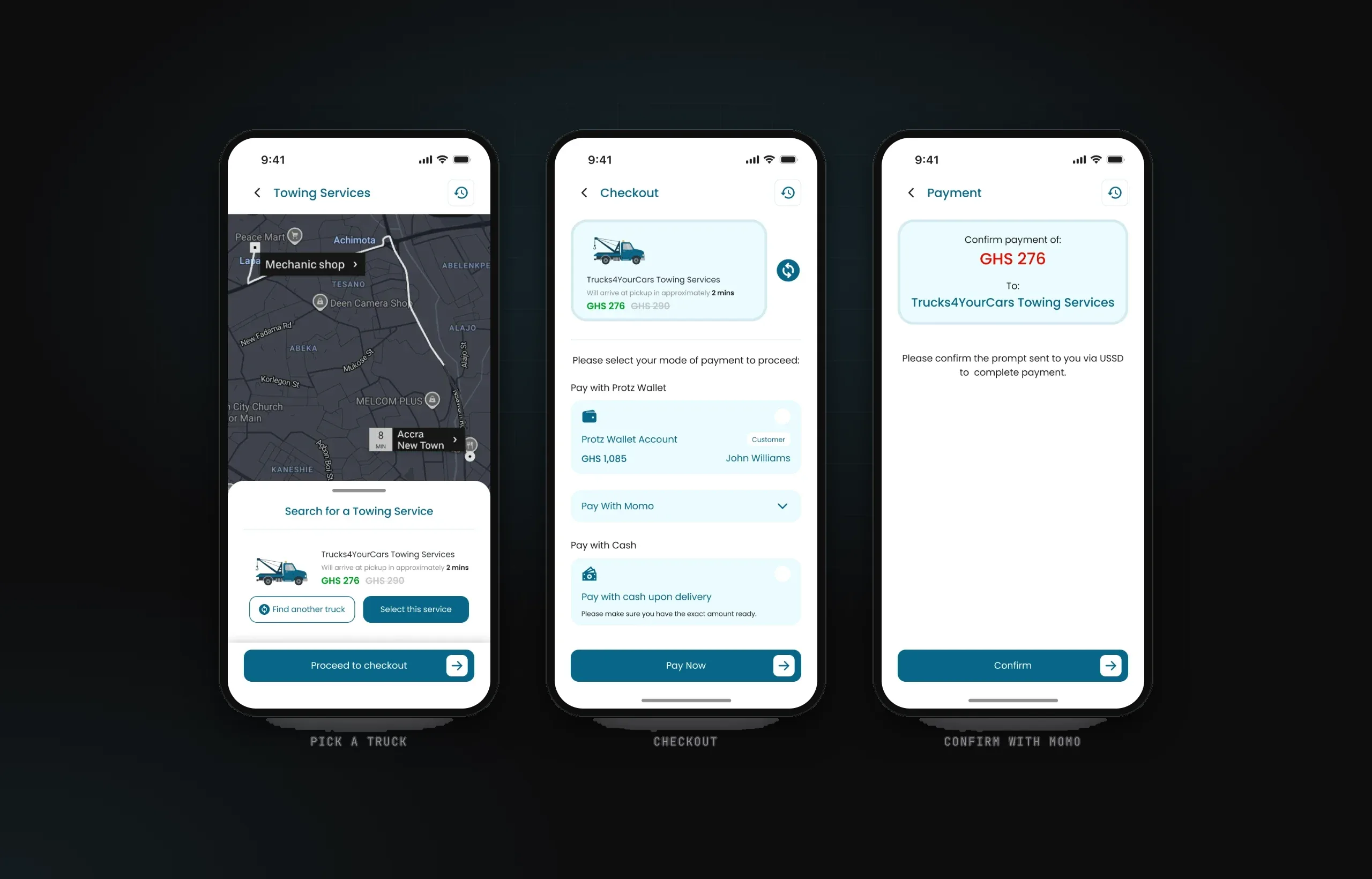 Choosing a towing service on a map, checkout with three payment options, and Mobile Money confirmation