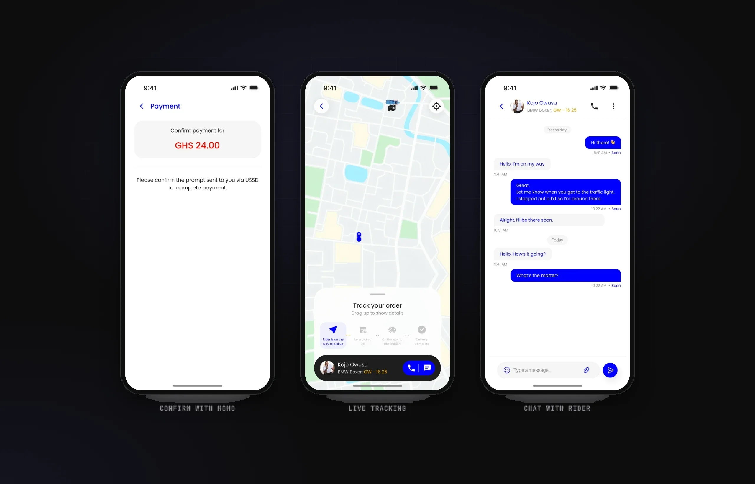 Phone screens showing the Mobile Money USSD confirmation and the live tracking sheet