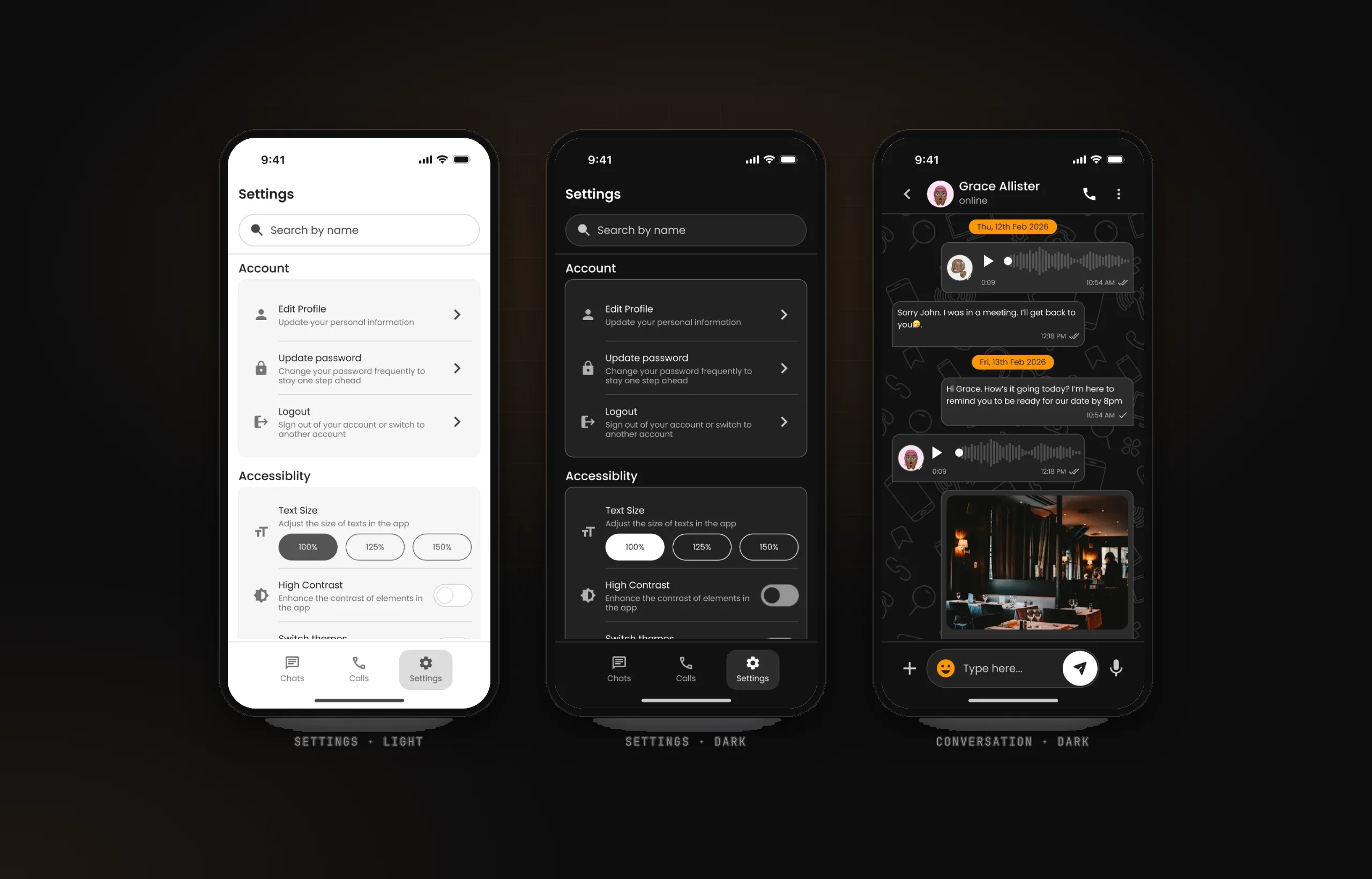 Settings in light and dark with text size and high contrast controls