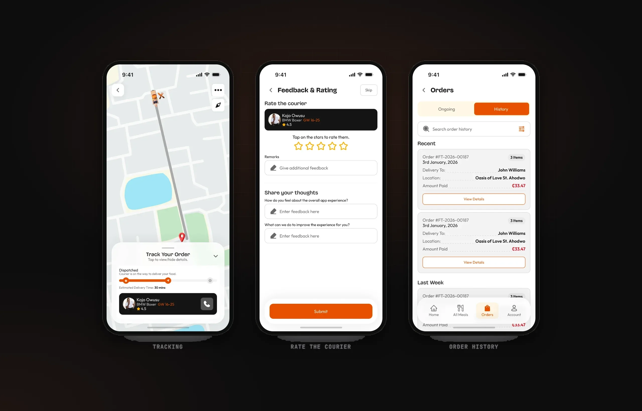 Live order tracking, courier rating and order history