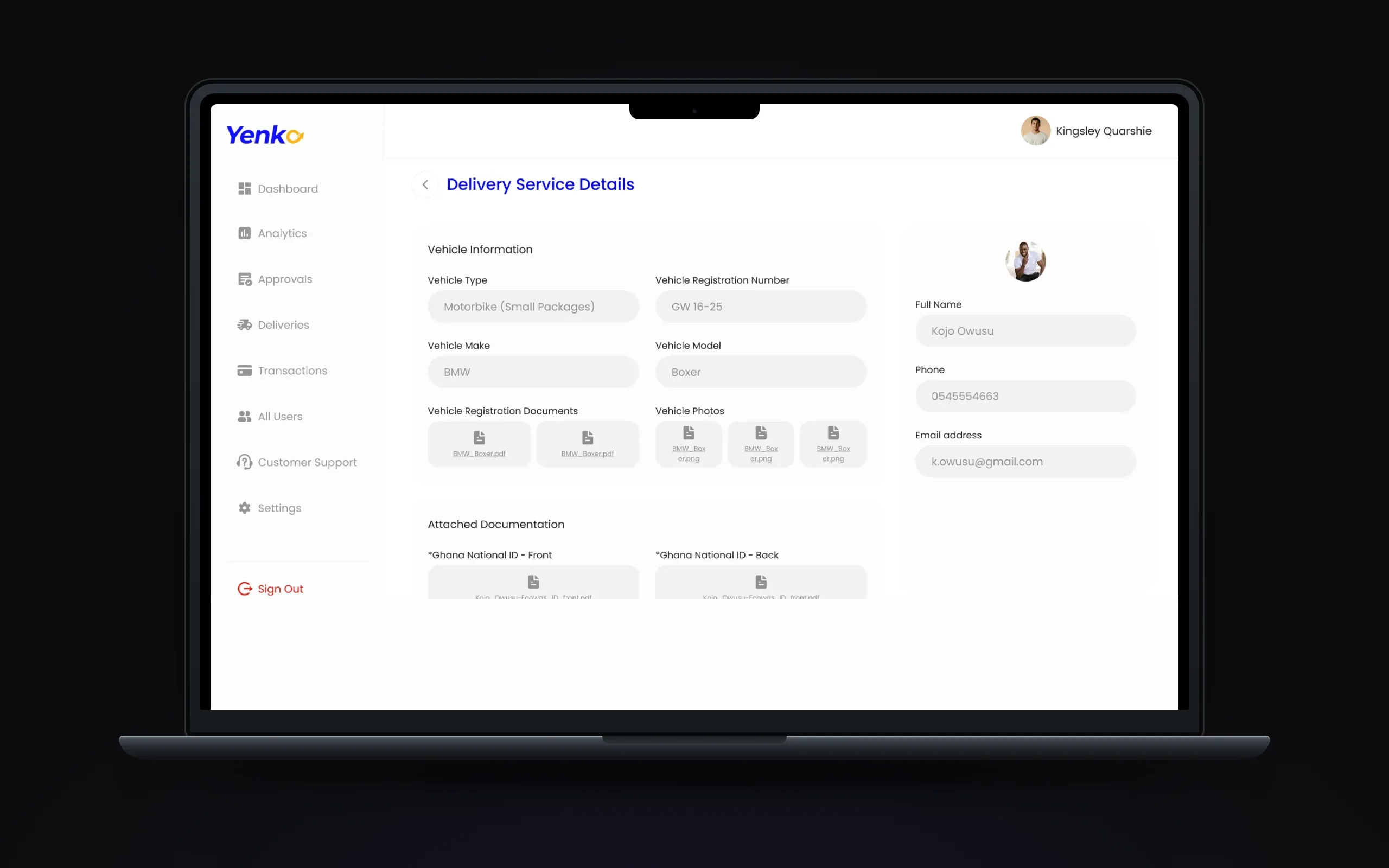 Courier approval detail with ID, licence and vehicle documents and Approve and Suspend buttons