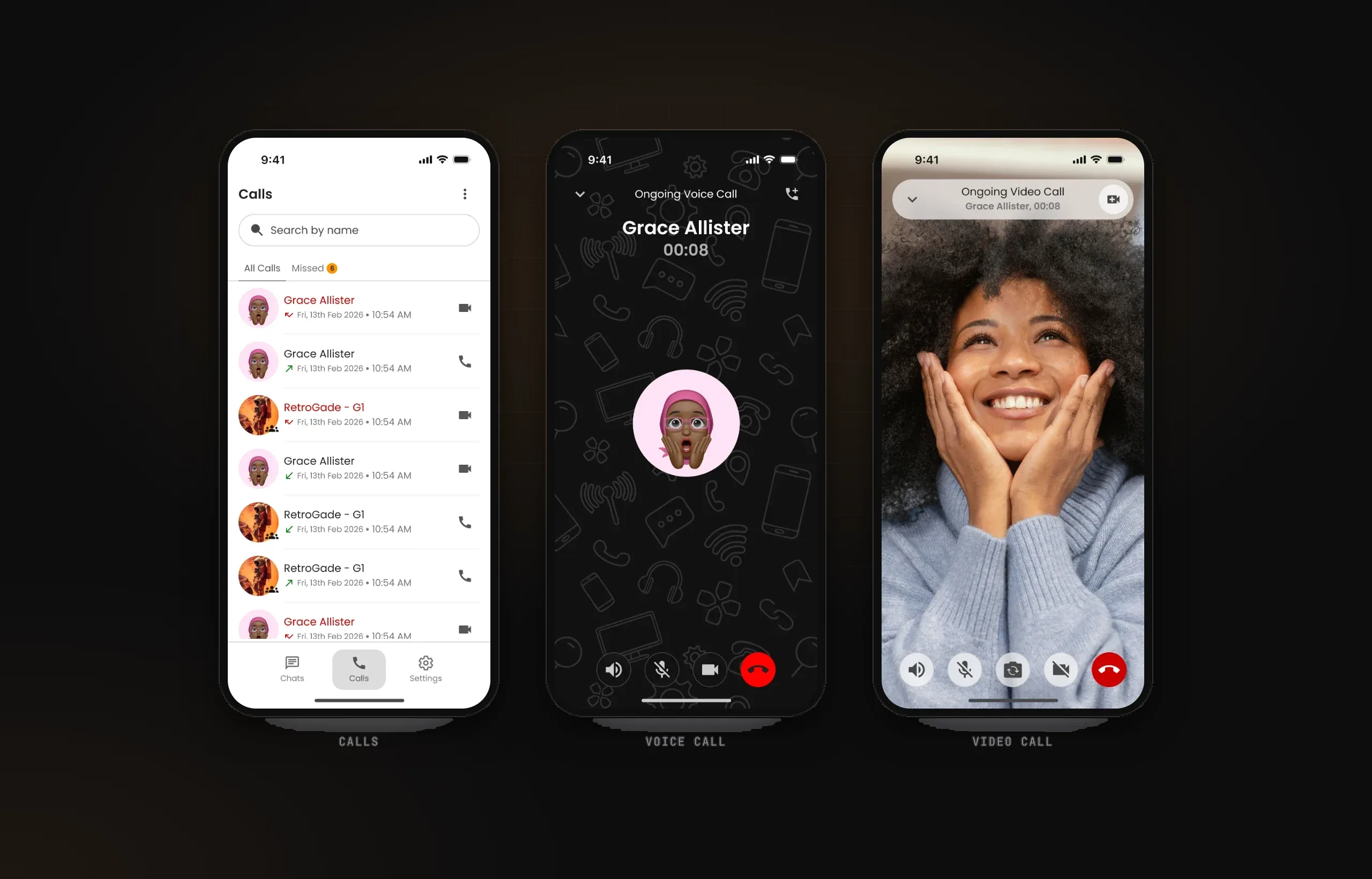 Calls list, ongoing voice call and ongoing video call