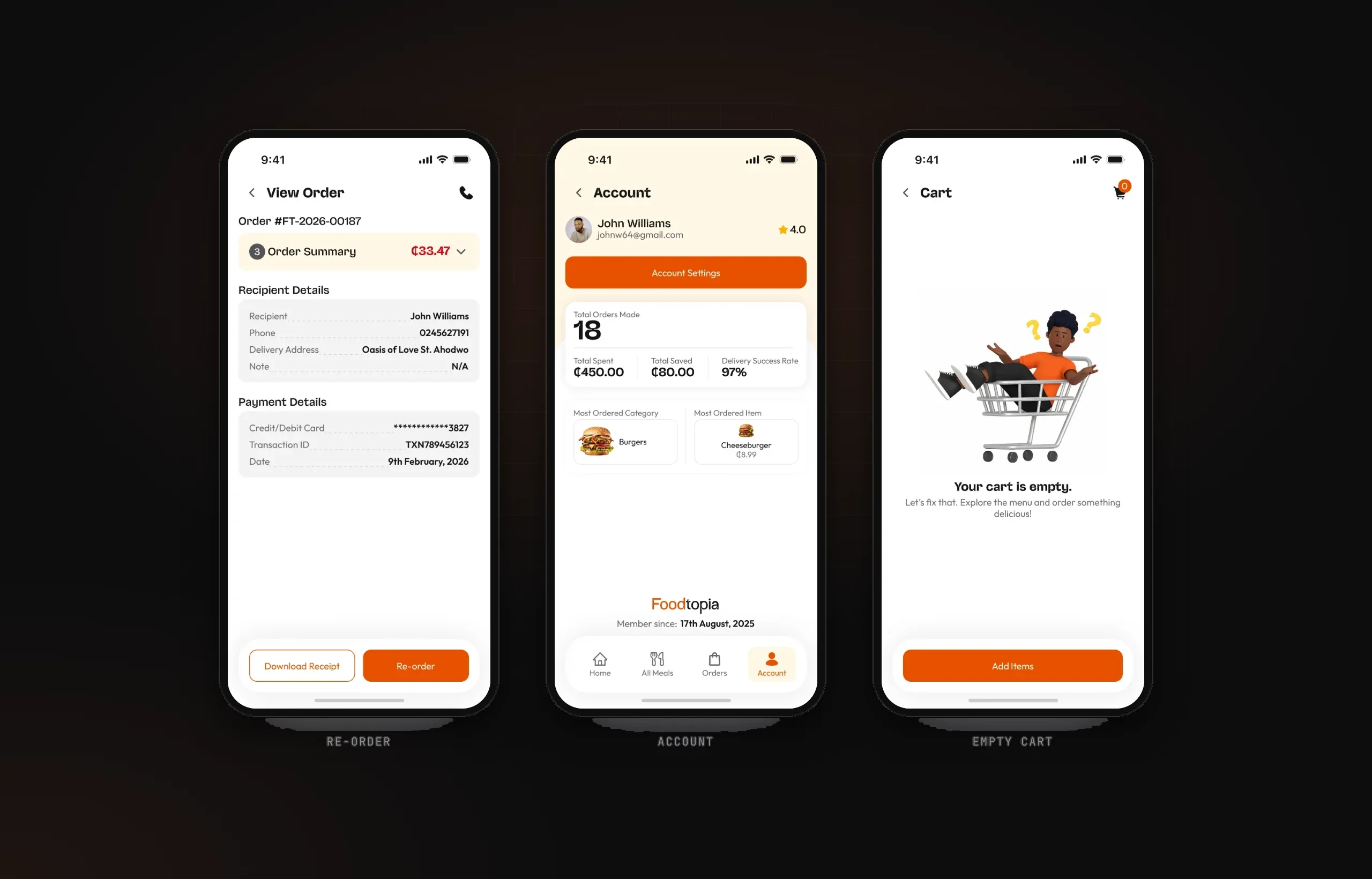 Past order with Re-order button, account with orders and savings, and empty cart