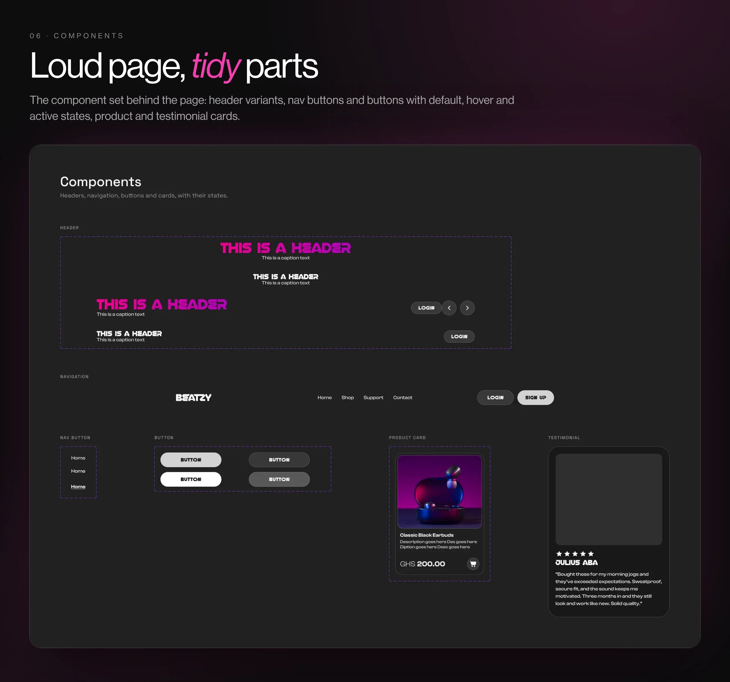 Beatzy component sheet, labelled: four header variants, the navigation bar, nav buttons and buttons with their states, a product card and a testimonial card