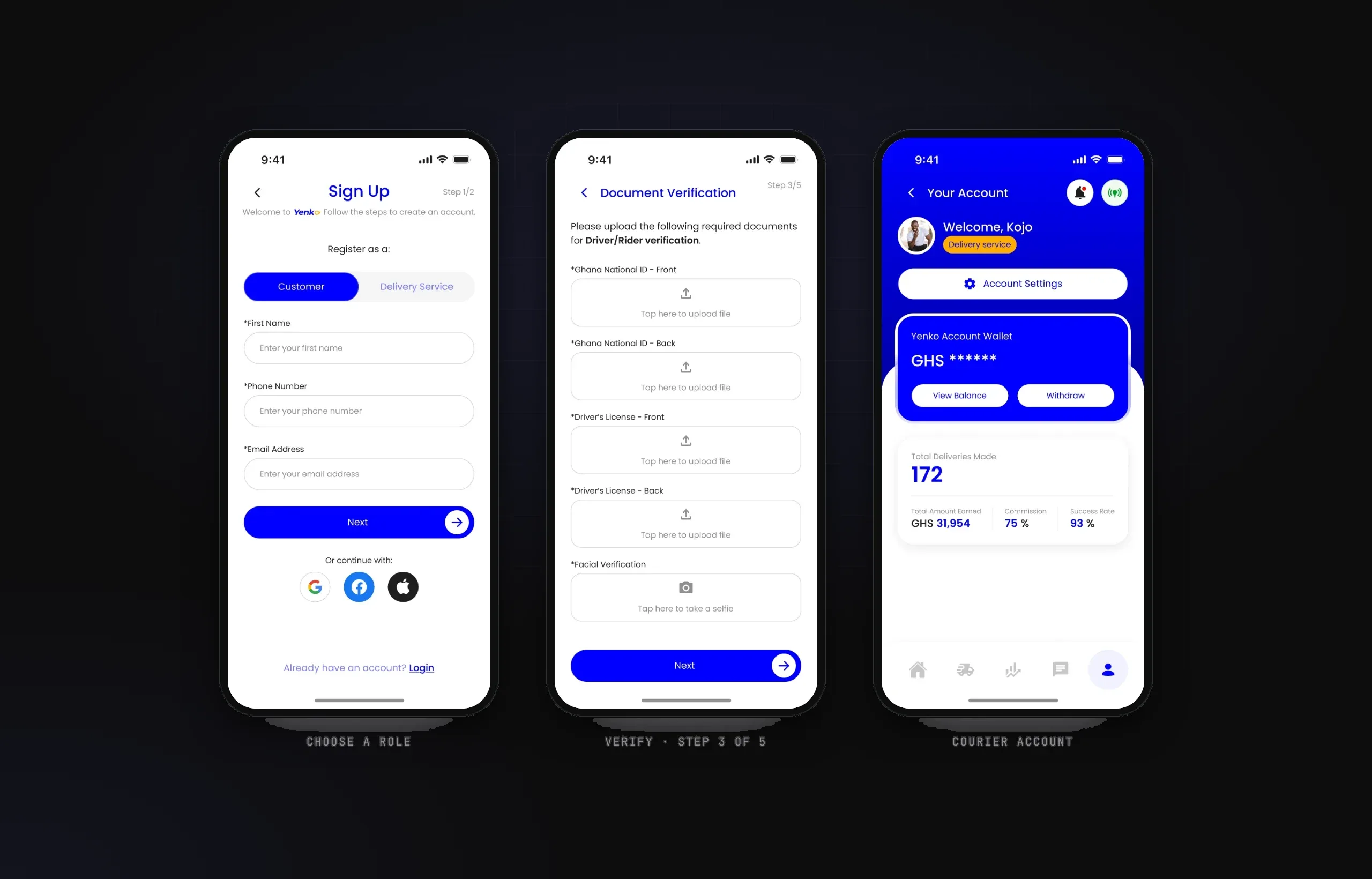 Courier sign-up role switch and document verification screen