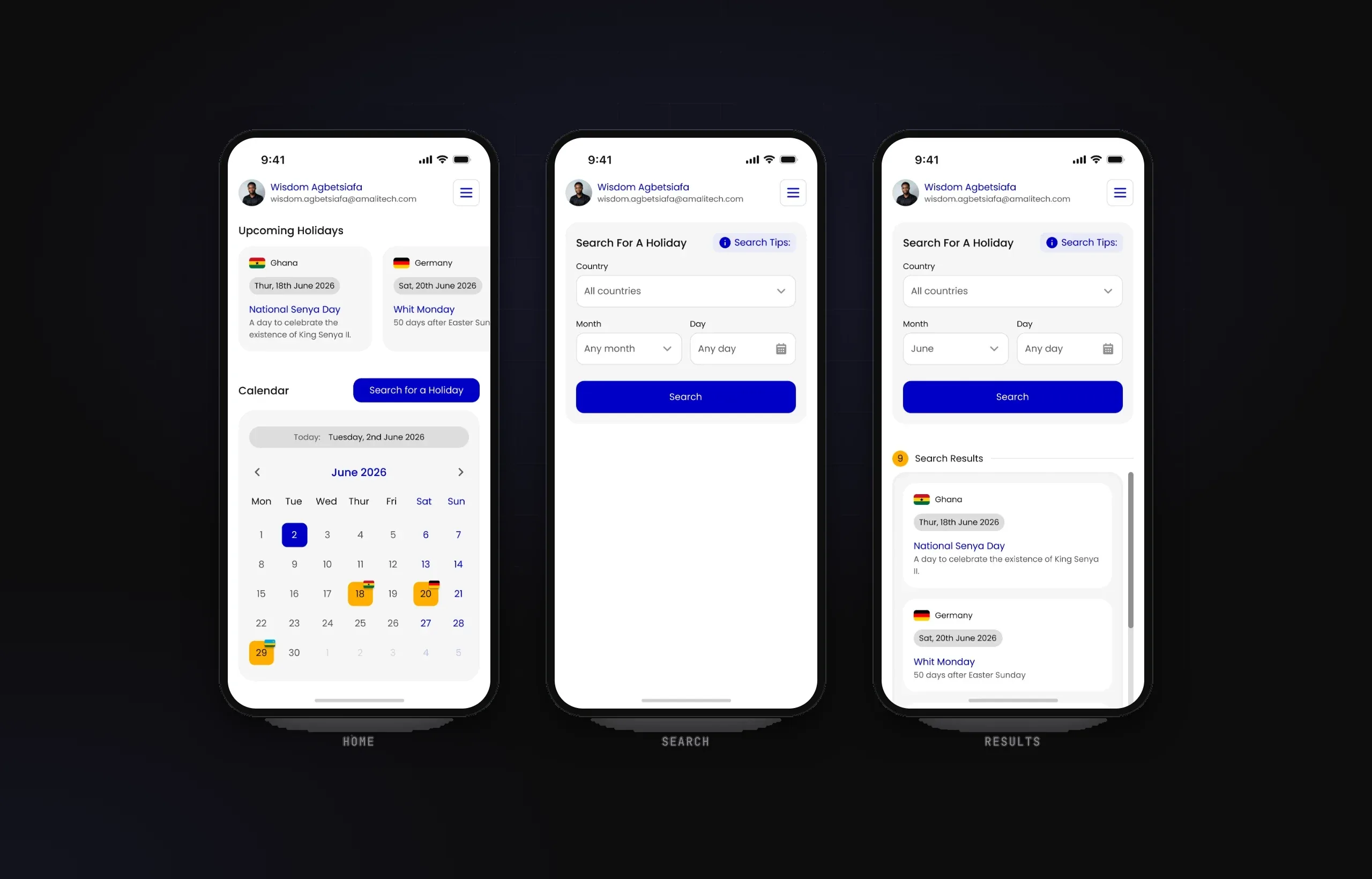 Connect mobile home, search and results