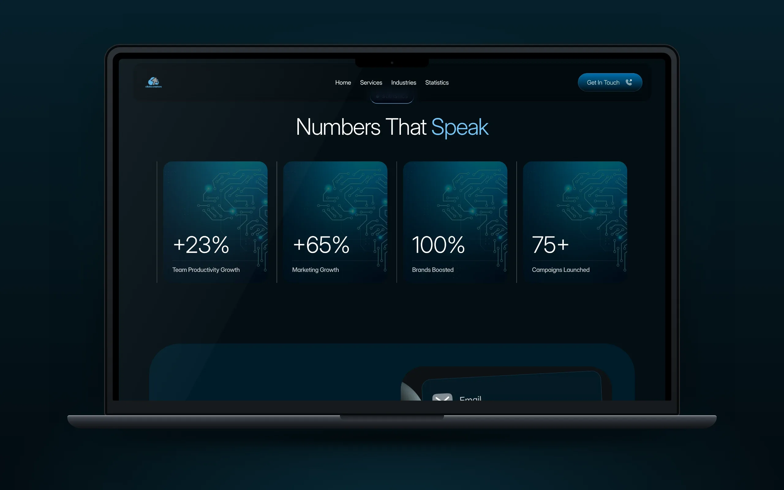 Laptop showing Numbers That Speak: +23% team productivity growth, +65% marketing growth, 100% brands boosted and 75+ campaigns launched