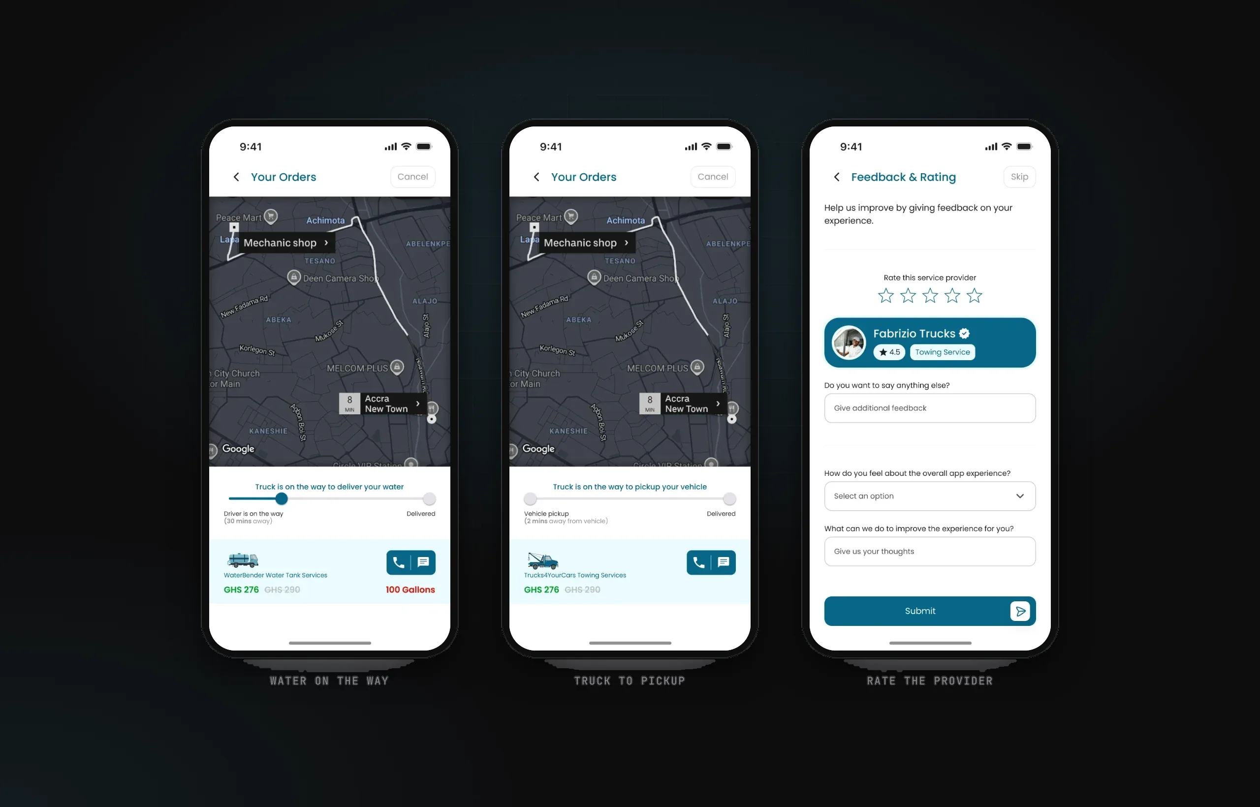 Order status for water delivery, order status for towing, and the rating screen