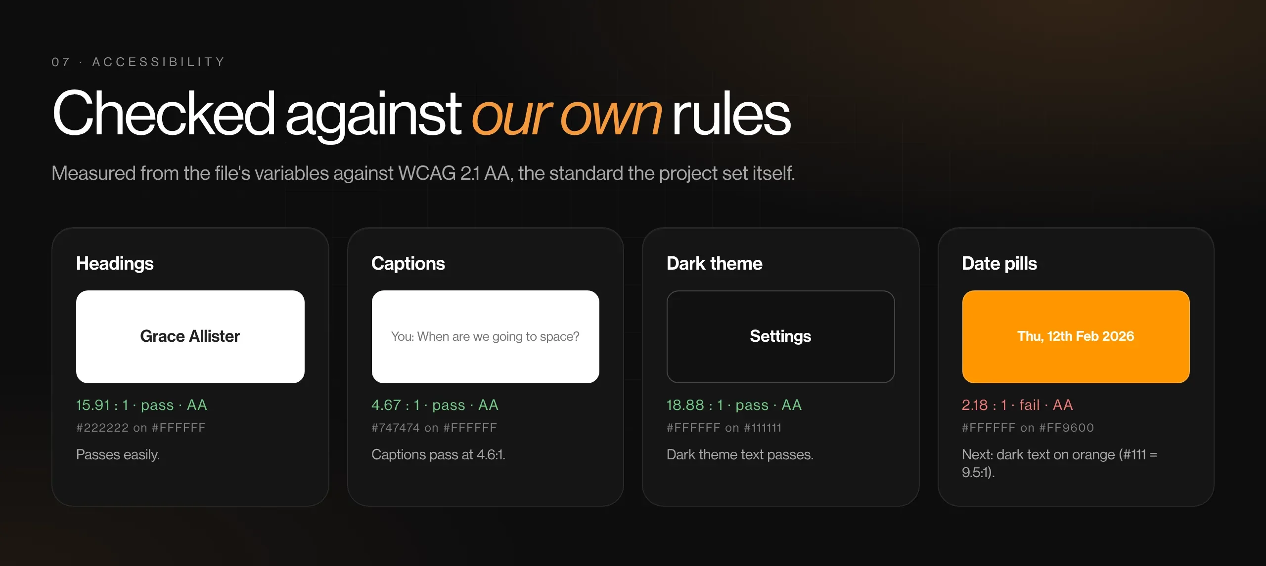 Contrast checks for the chat app's greys, orange and dark theme