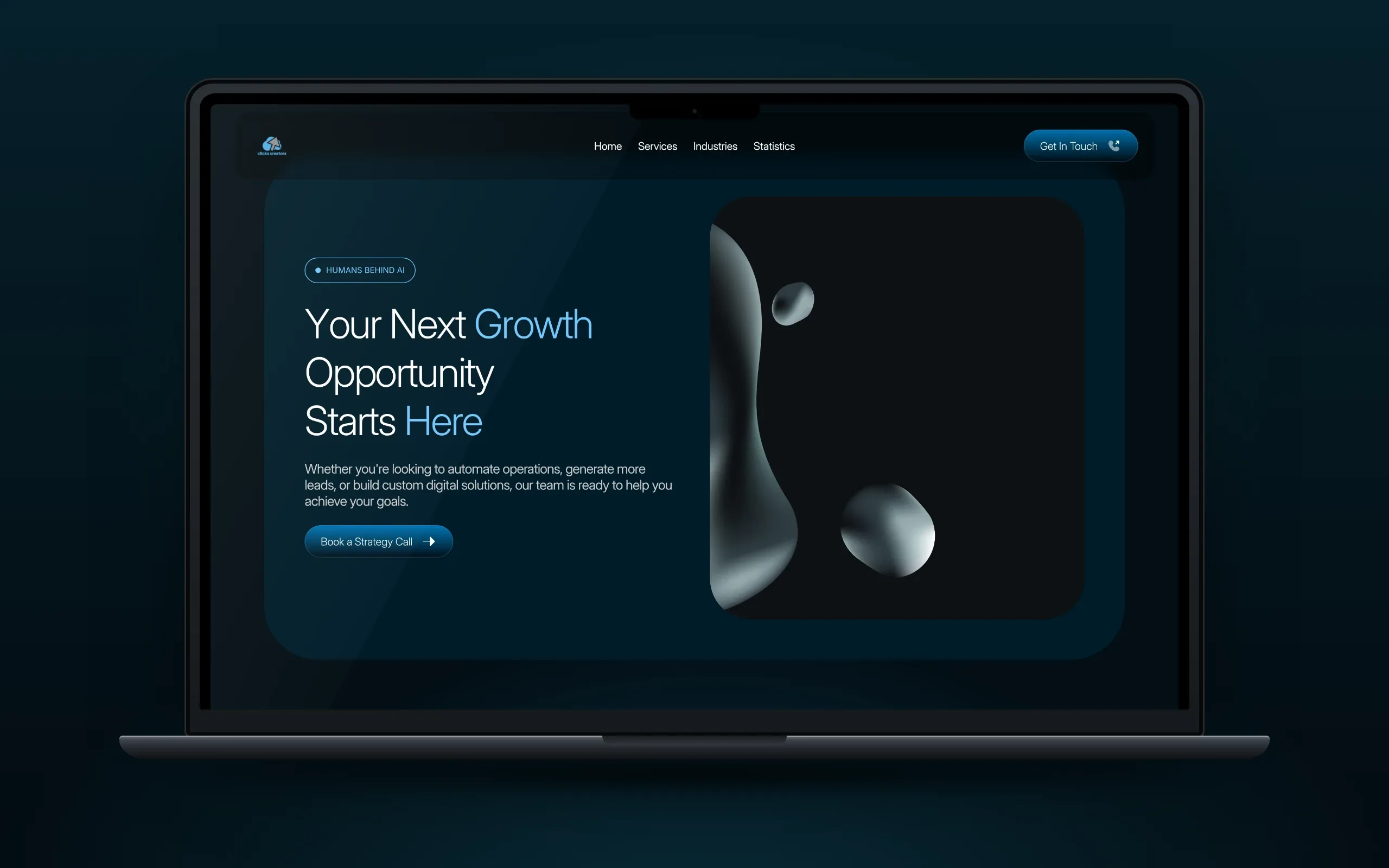 Laptop showing Your Next Growth Opportunity Starts Here with a Book a Strategy Call button beside chrome prism art