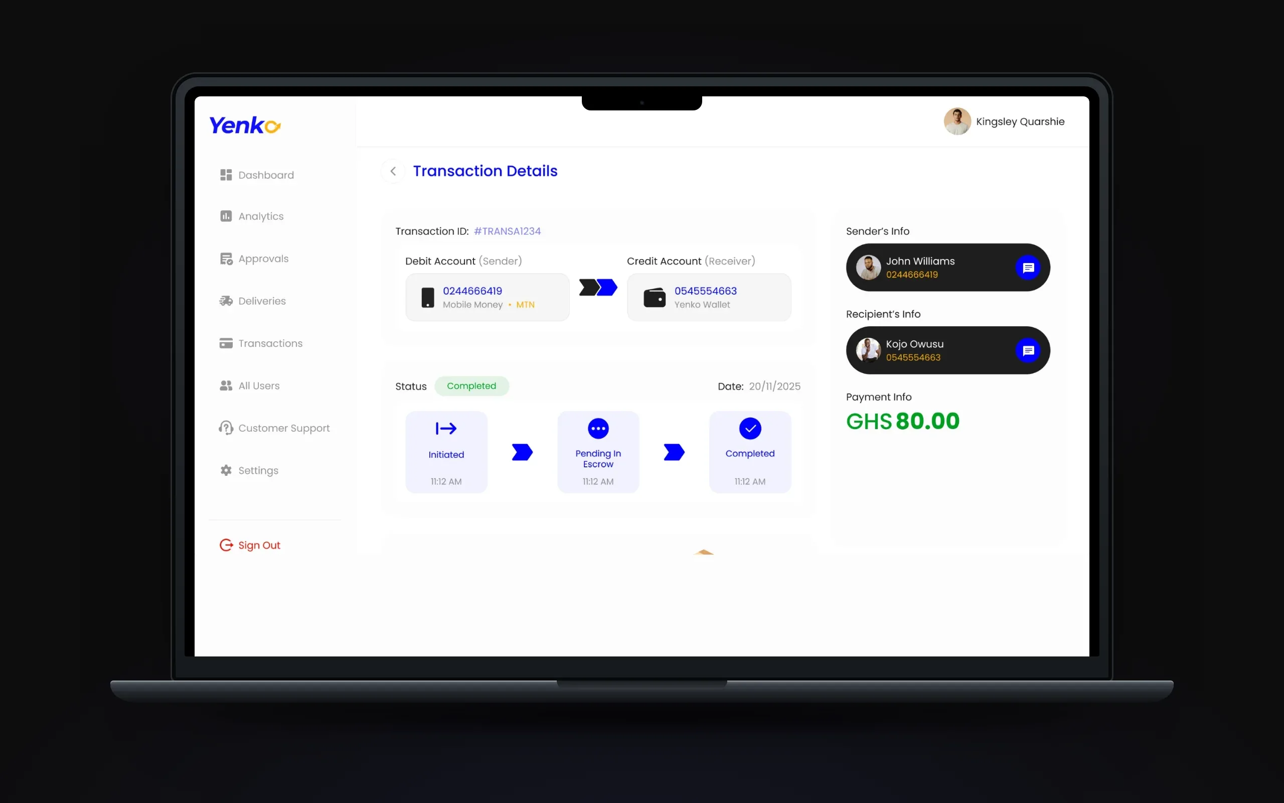 Transaction detail showing Mobile Money to Yenko Wallet with an Initiated, Pending in escrow, Completed timeline