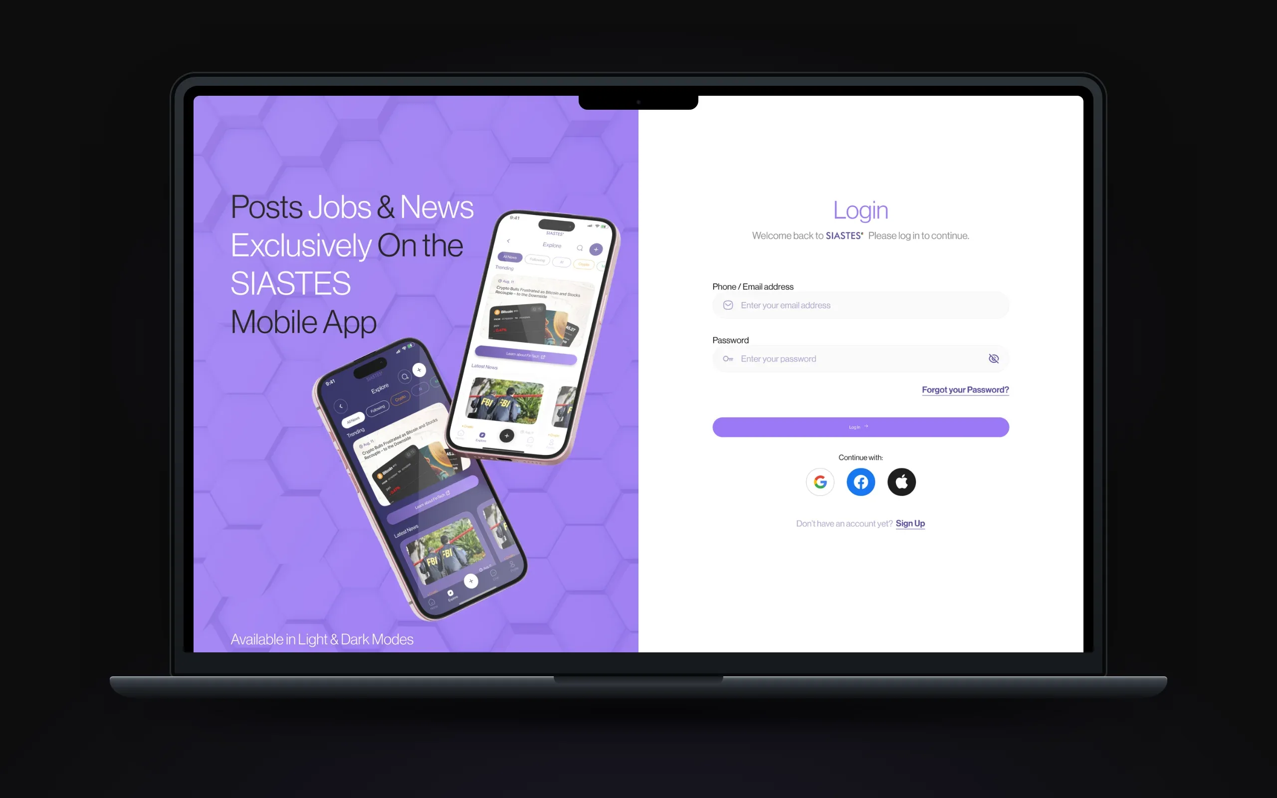 Laptop showing the split log-in page, with the app promo beside the form