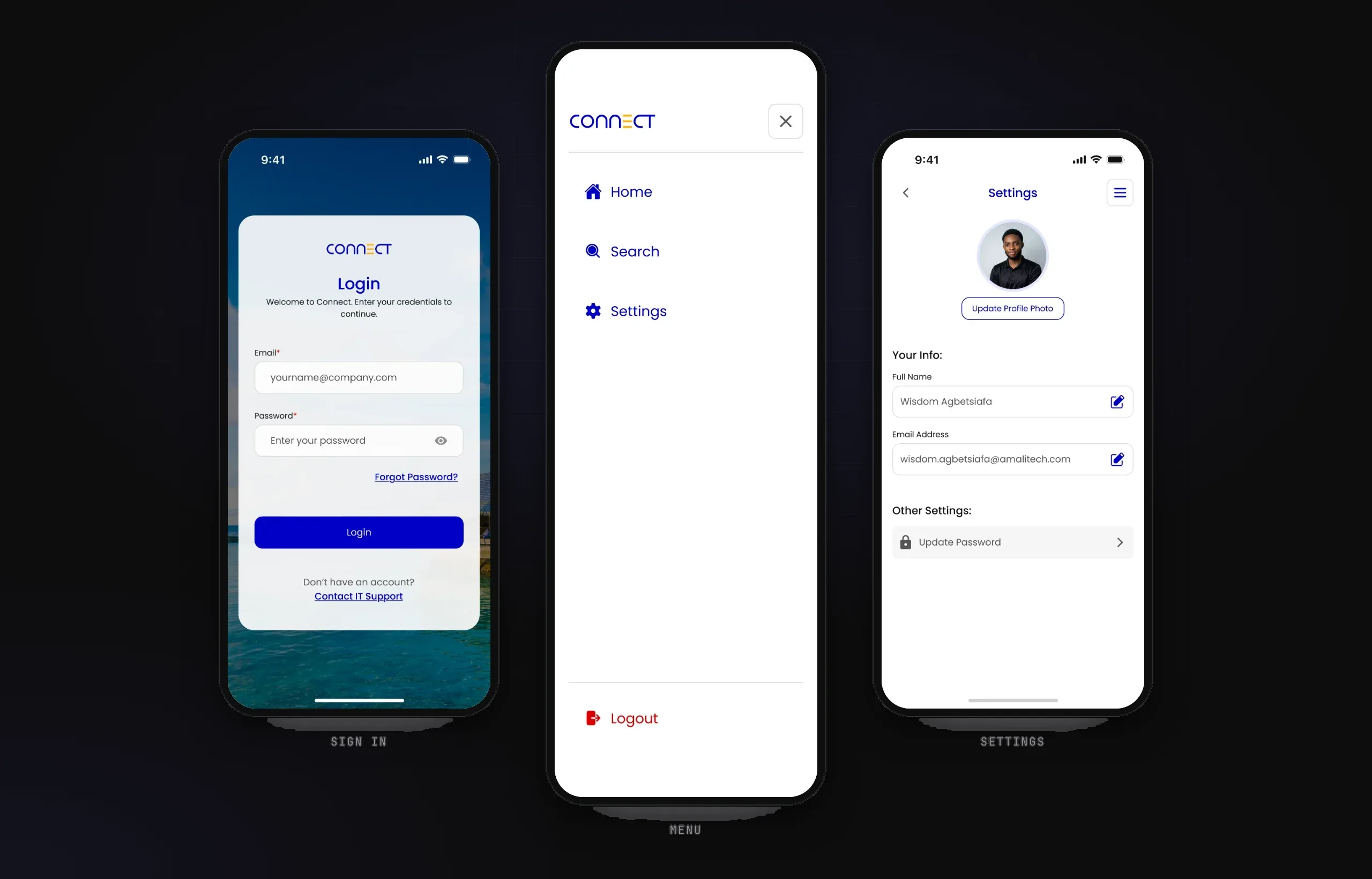 Mobile login, menu drawer and settings