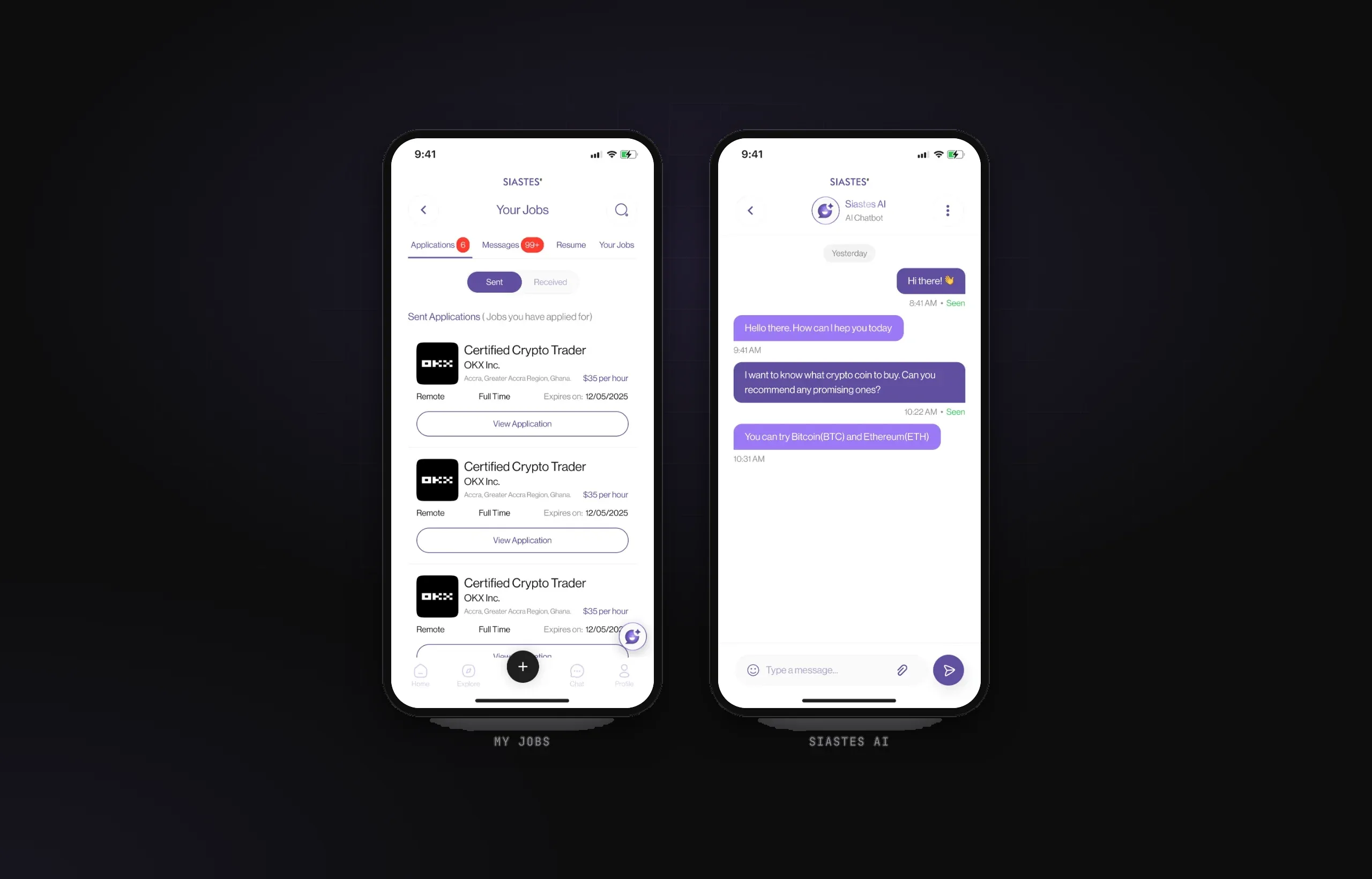 My Jobs with sent and received applications, and the Siastes AI assistant