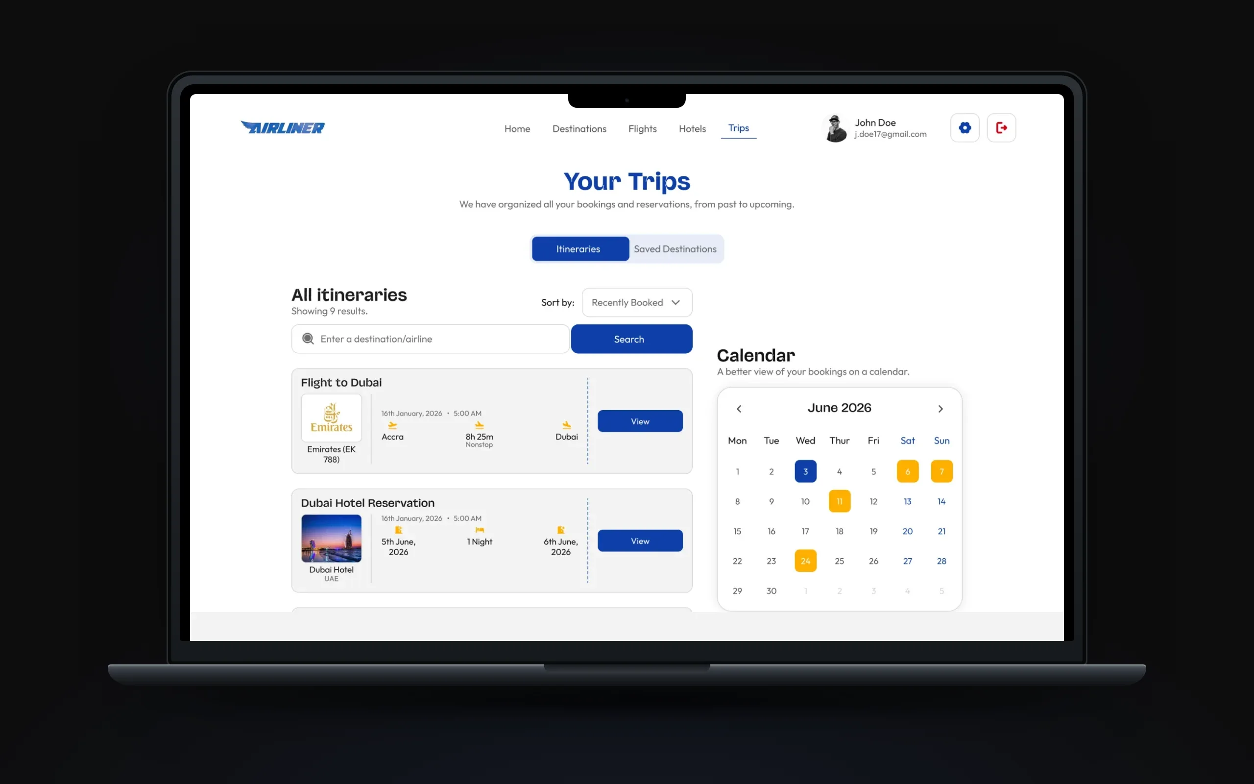 Your Trips page with itinerary list and booking calendar