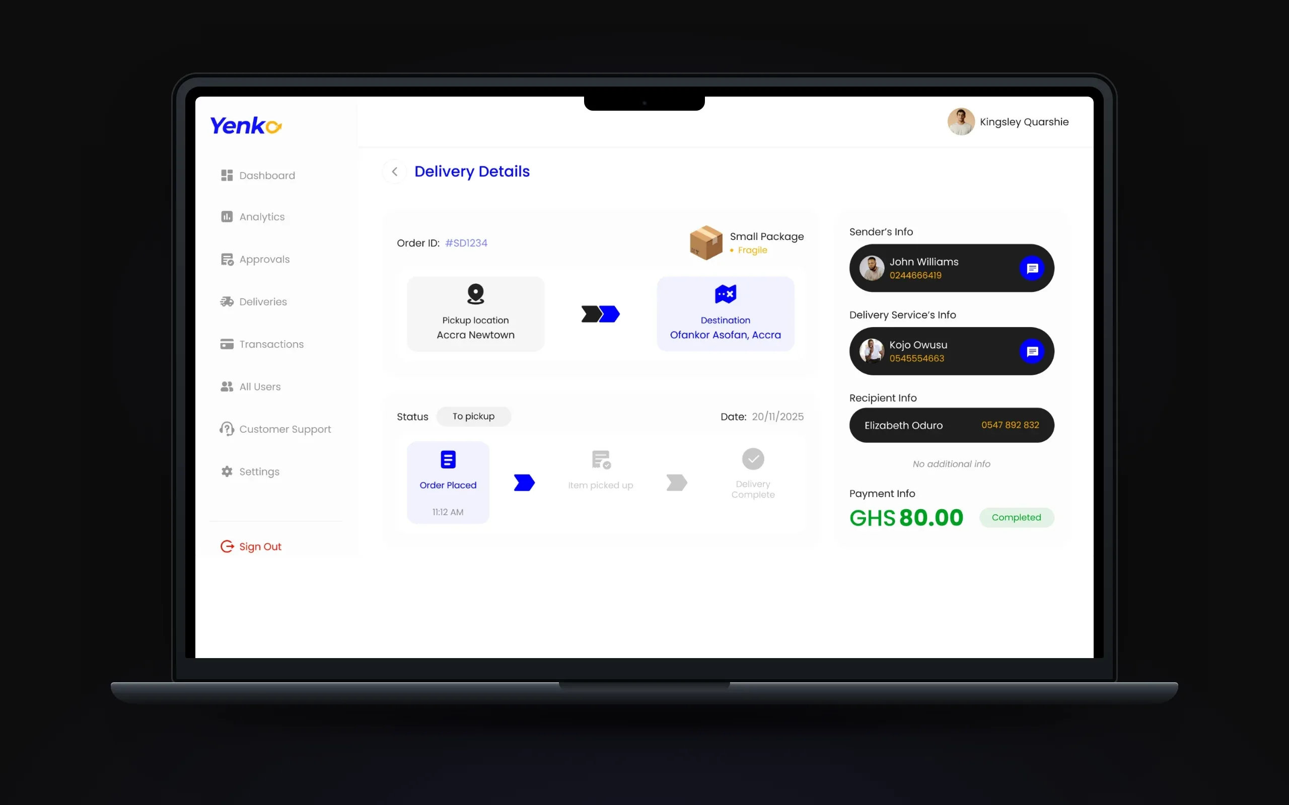 Delivery detail with sender, courier and recipient and a status stepper