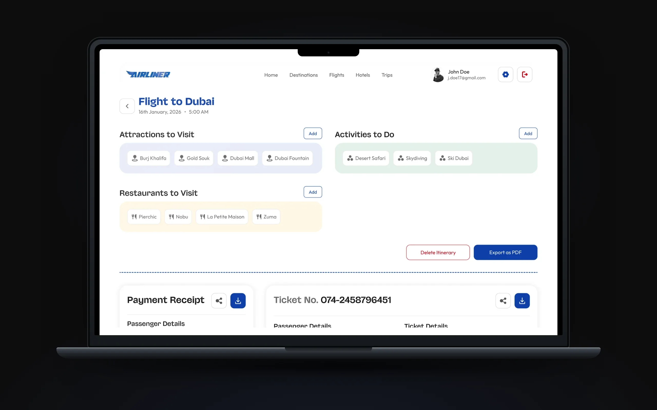 View itinerary with payment receipt and boarding pass