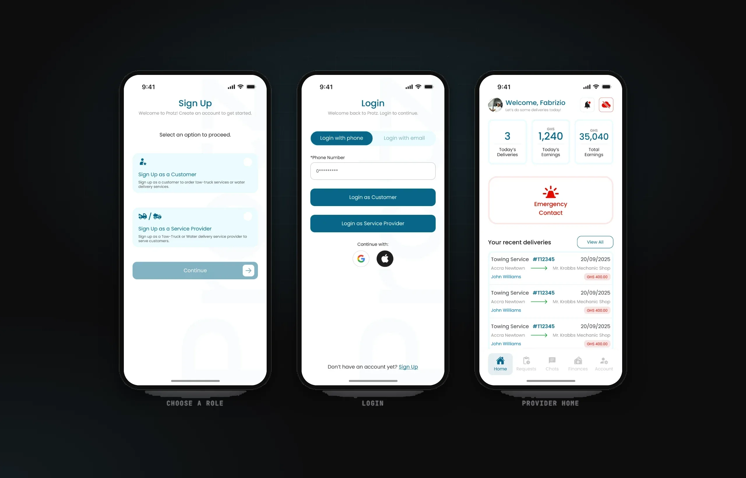 Sign-up with customer or provider roles, login, and provider home with emergency contact