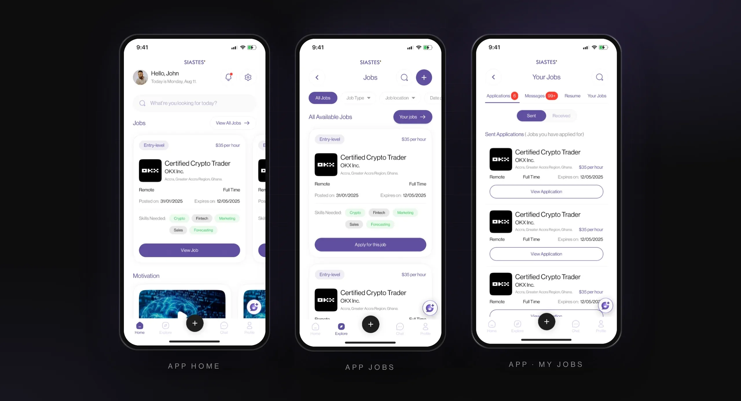 The app screens the website points to: home, jobs and explore