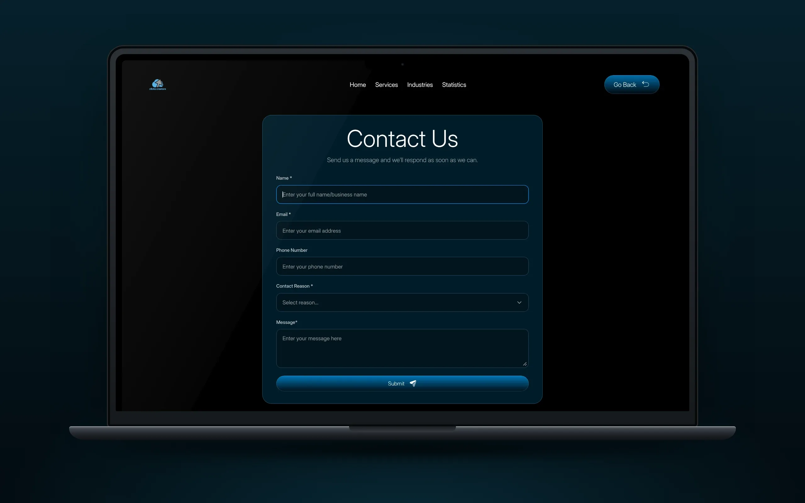 Laptop showing the Contact Us form with name, email, phone, contact reason and message fields and a Submit button