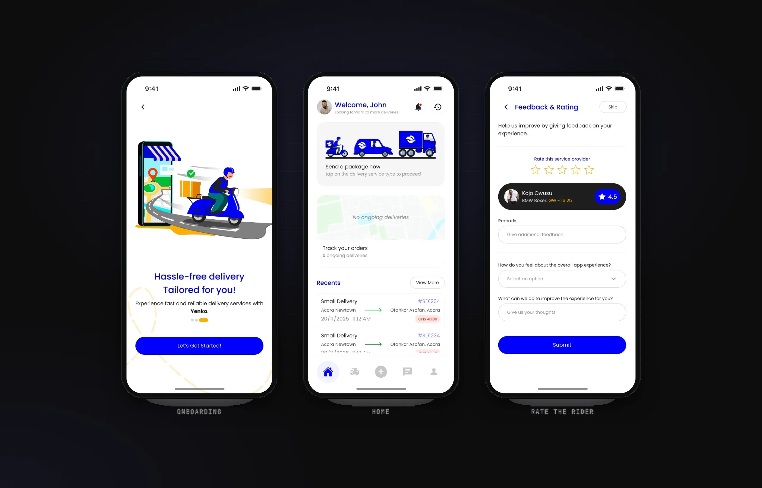 Rating screen, customer home and onboarding