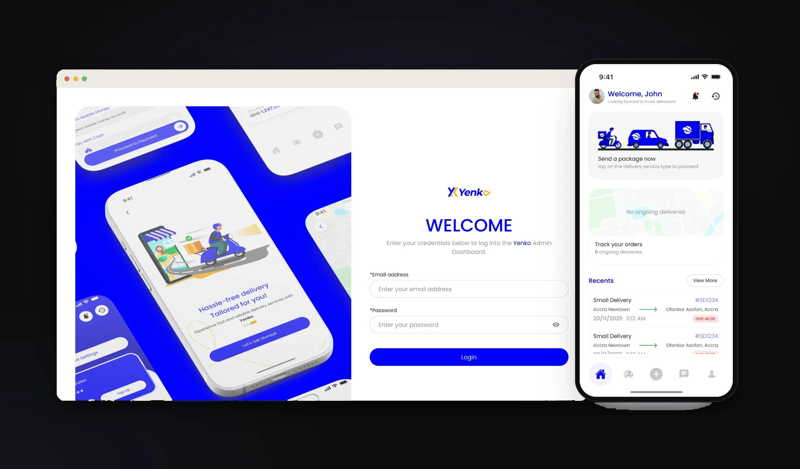 Admin login screen beside the Yenko mobile app